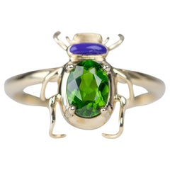 Bright Green Tourmaline 14K Yellow Gold Beetle Ring with Purple Enamel Head