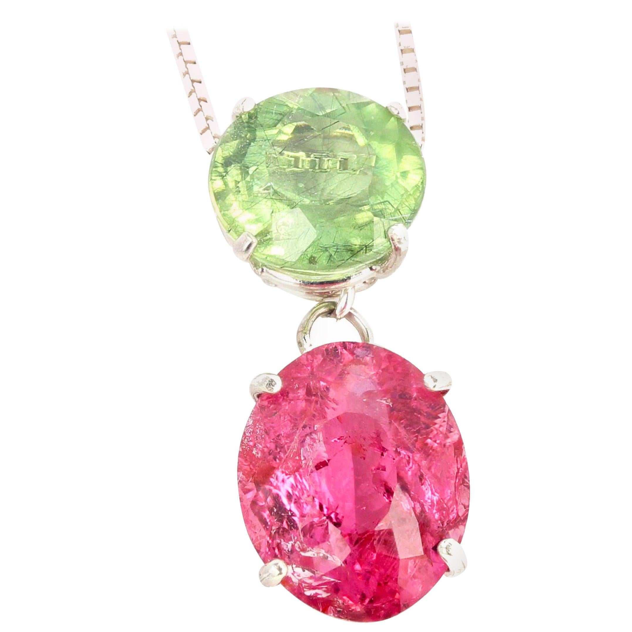 Gemjunky Bright Green Tourmaline & Dazzling Pink Tourmaline Silver Drop Pendant