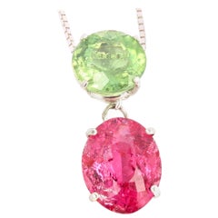 Gemjunky Bright Green Tourmaline & Dazzling Pink Tourmaline Silver Drop Pendant