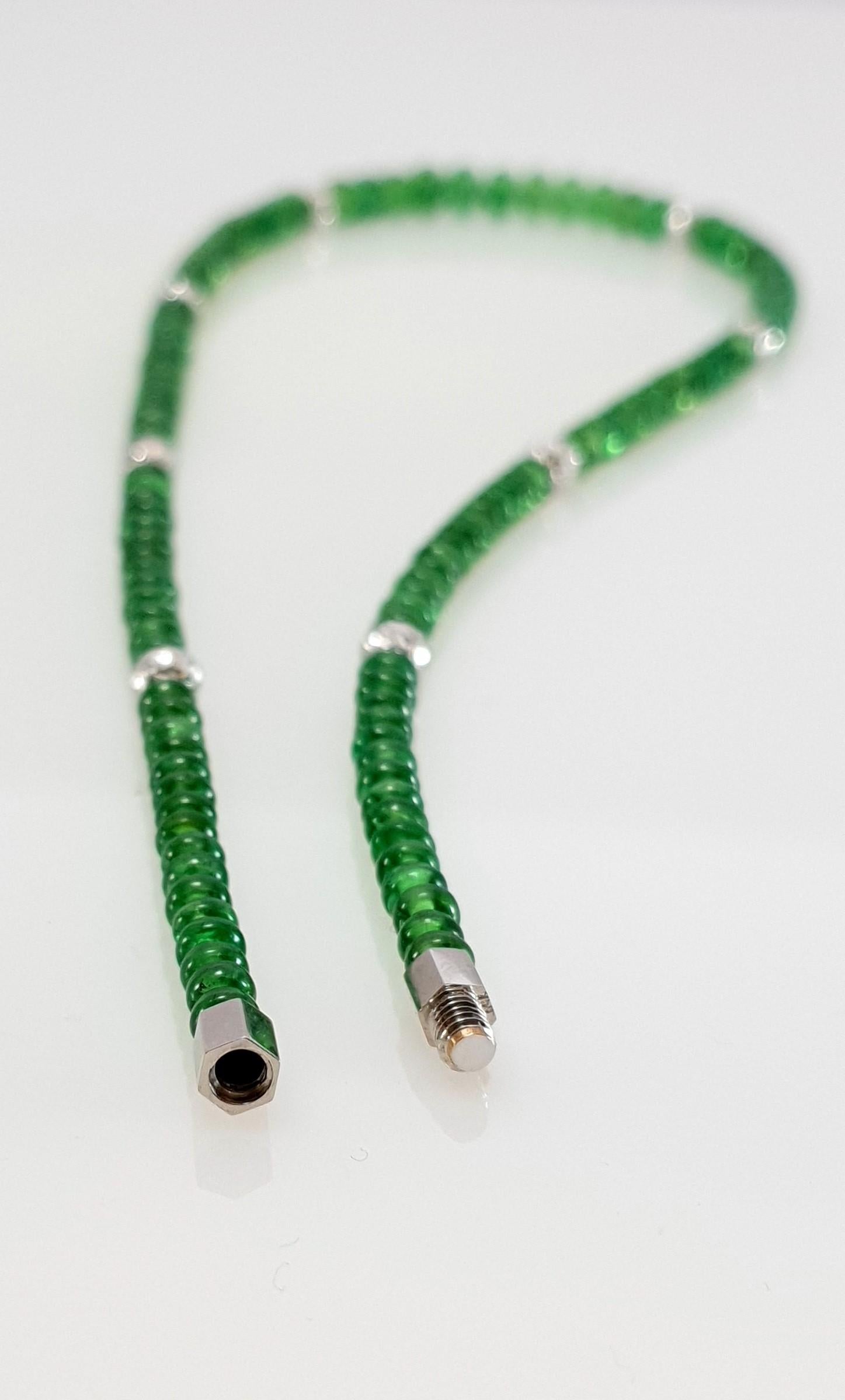 Bright Green Tsavorite Rondel Beaded Necklace with 18 Carat White Gold For Sale 3