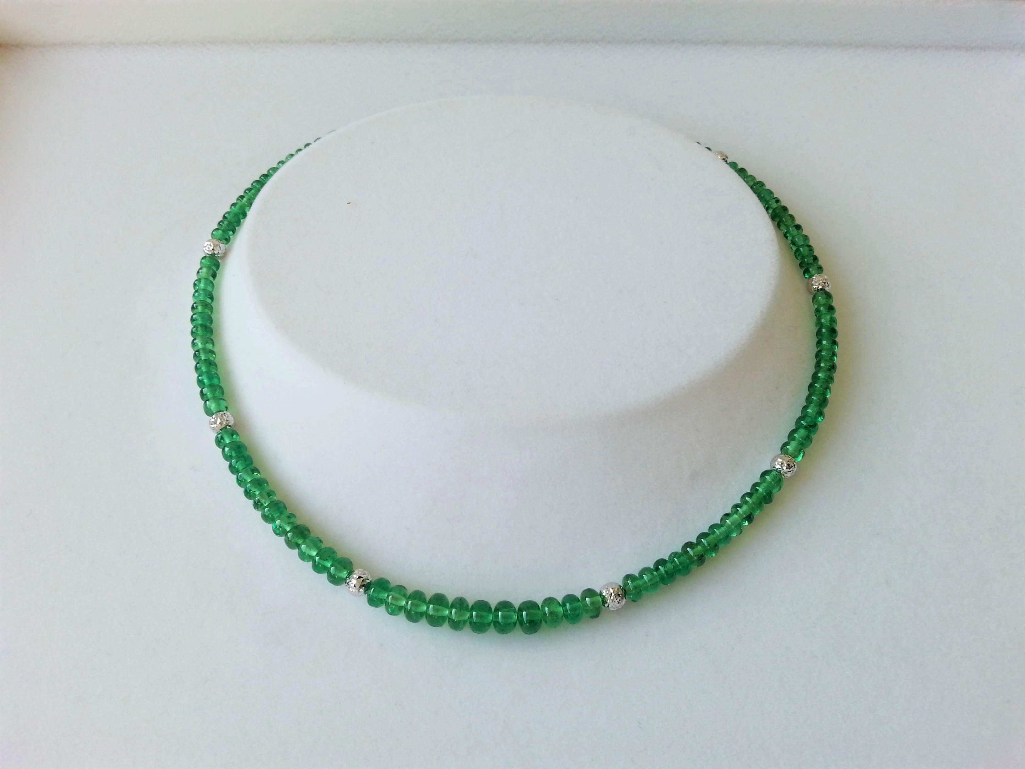 Bright Green Tsavorite Rondel Beaded Necklace with 18 Carat White Gold For Sale 4