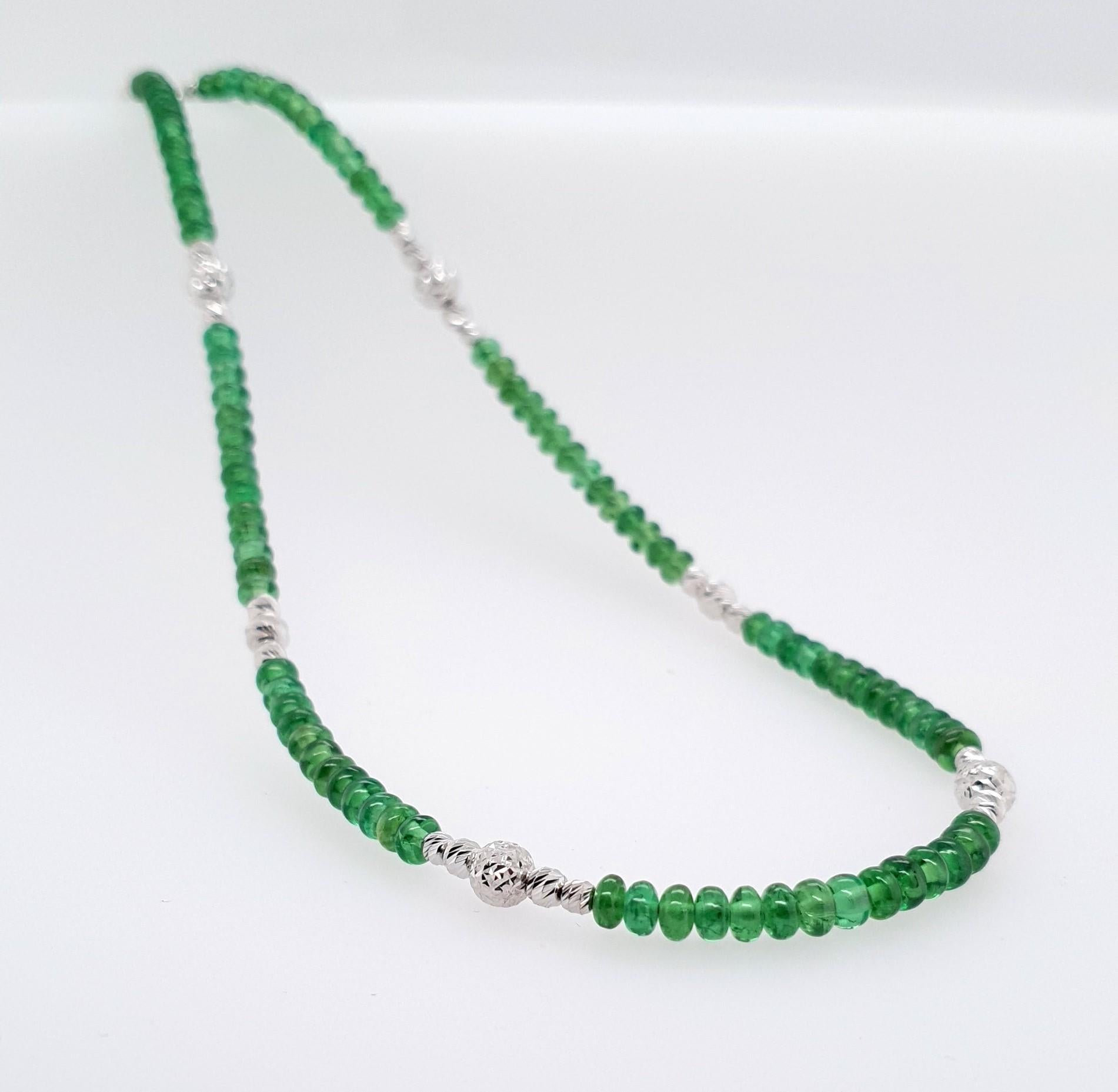 Arts and Crafts Bright Green Tsavorite Rondel Beaded Necklace with 18 Carat White Gold