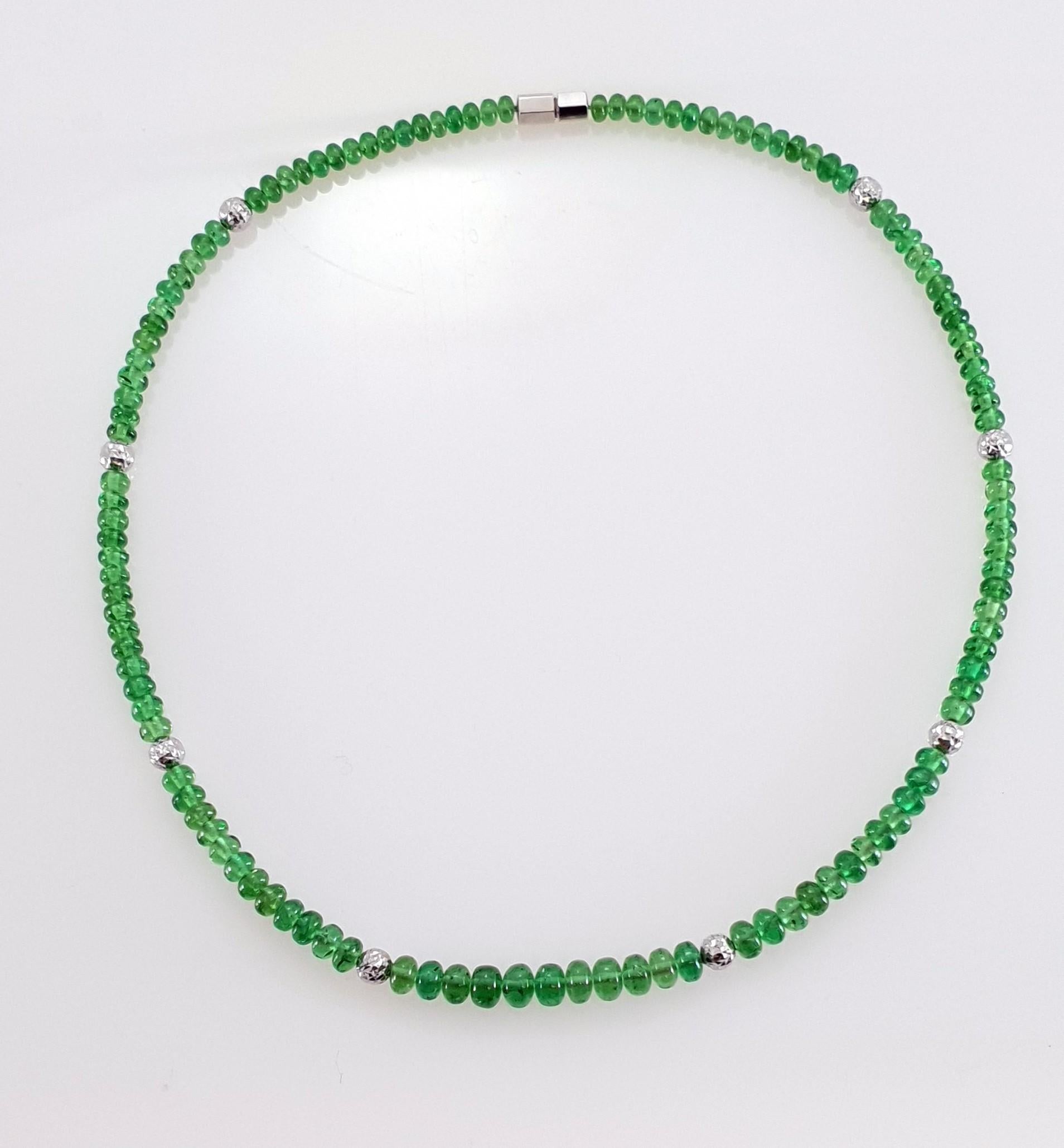 Arts and Crafts Bright Green Tsavorite Rondel Beaded Necklace with 18 Carat White Gold For Sale