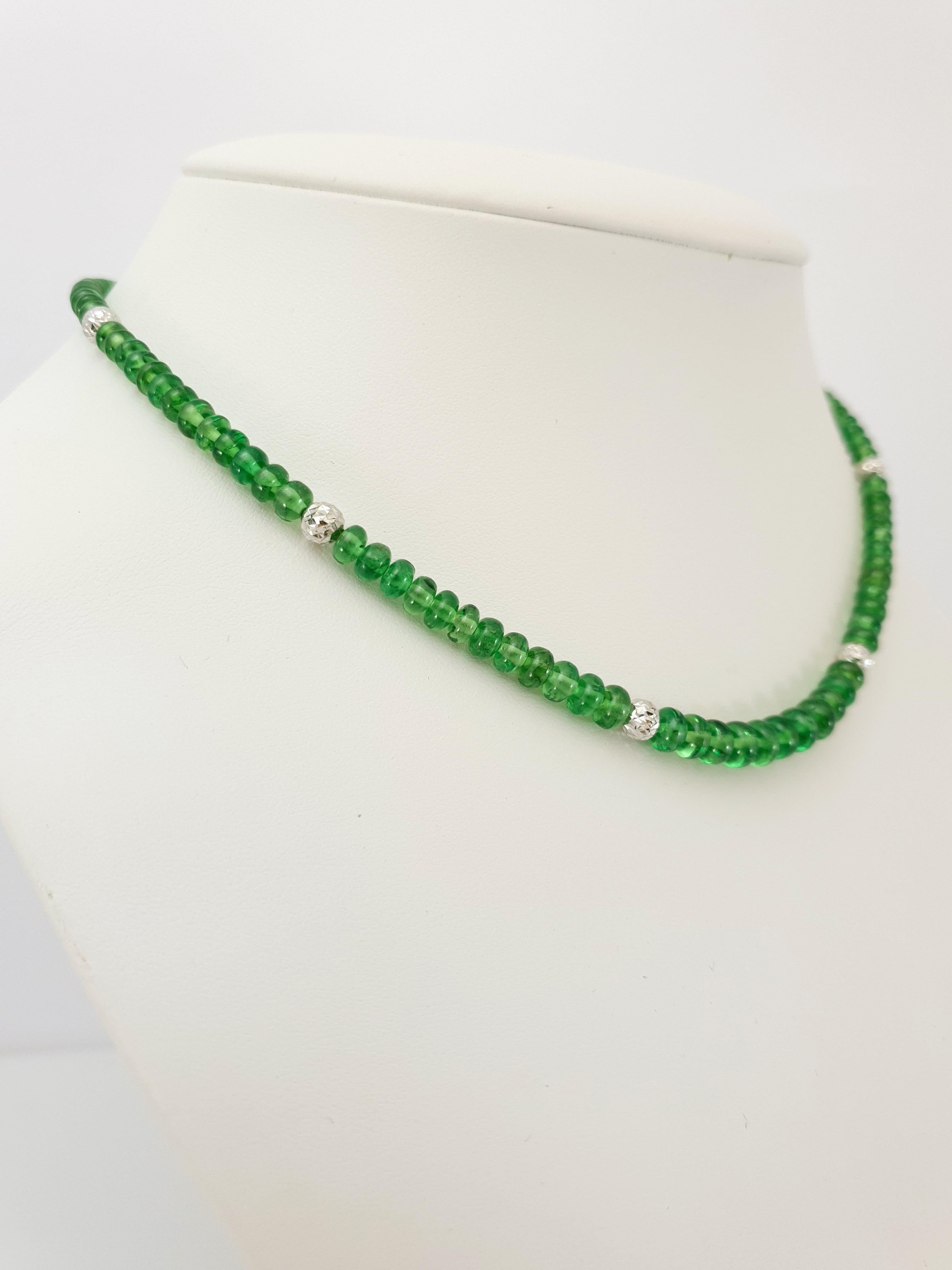 Bright Green Tsavorite Rondel Beaded Necklace with 18 Carat White Gold For Sale 1