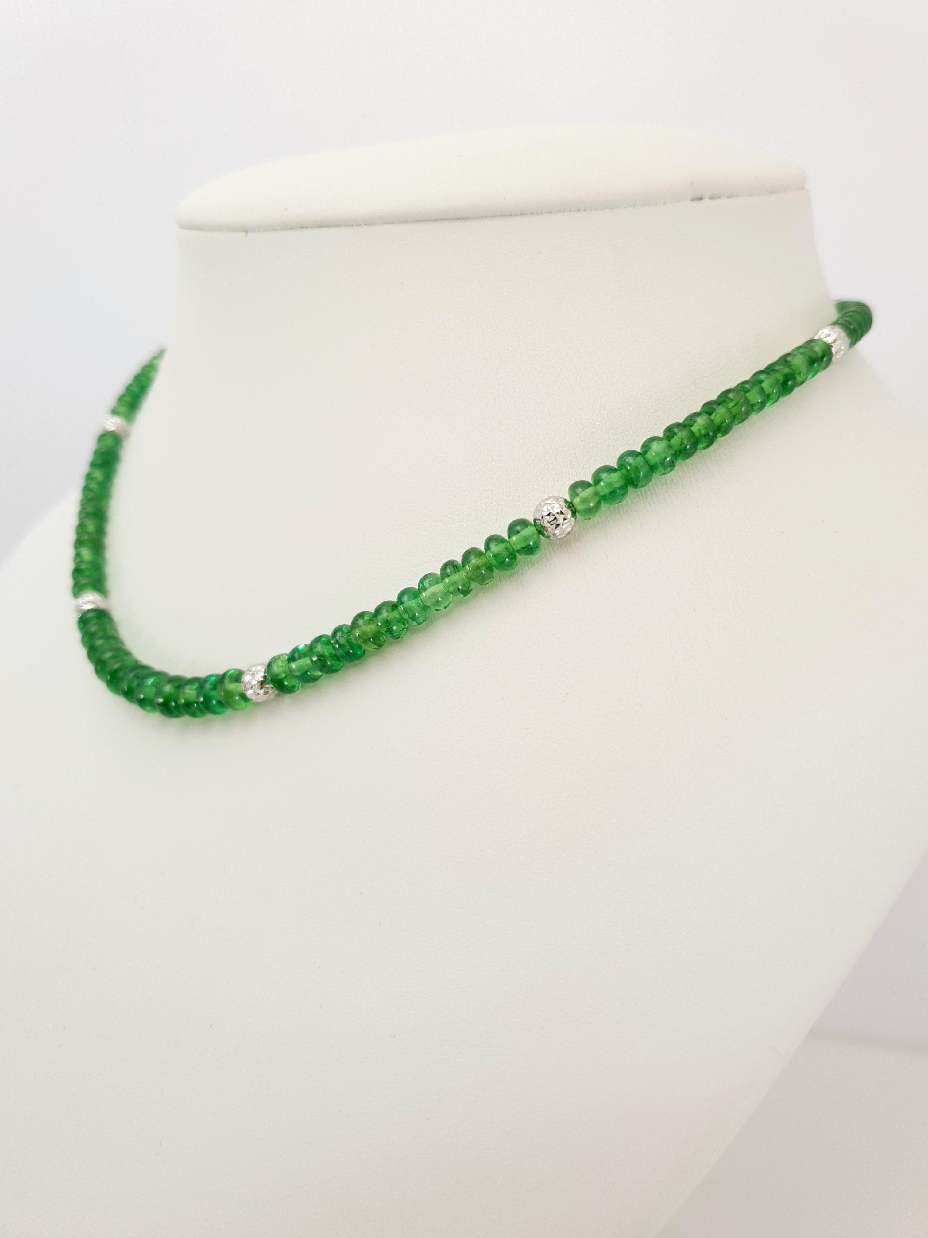 Bright Green Tsavorite Rondel Beaded Necklace with 18 Carat White Gold For Sale 2