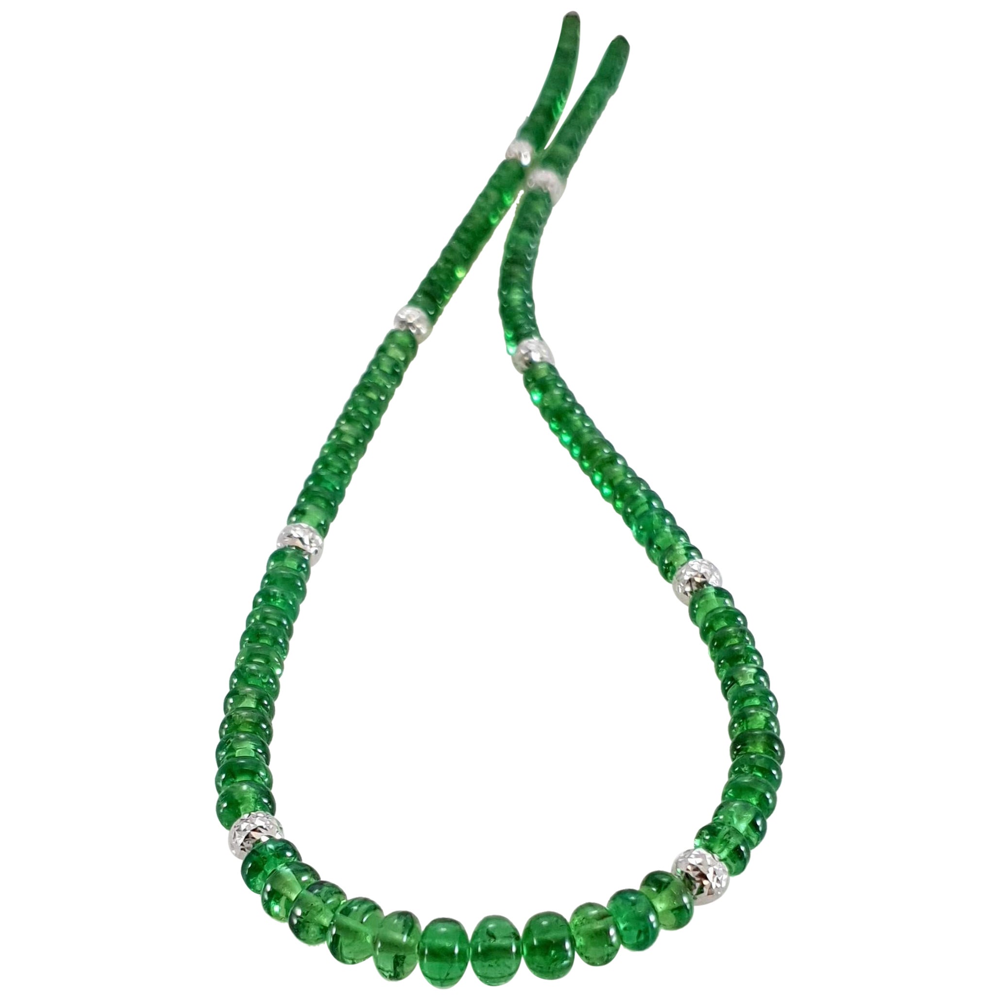 Collana di perline con rondelle di tsavorite verde brillante e oro bianco 18 carati