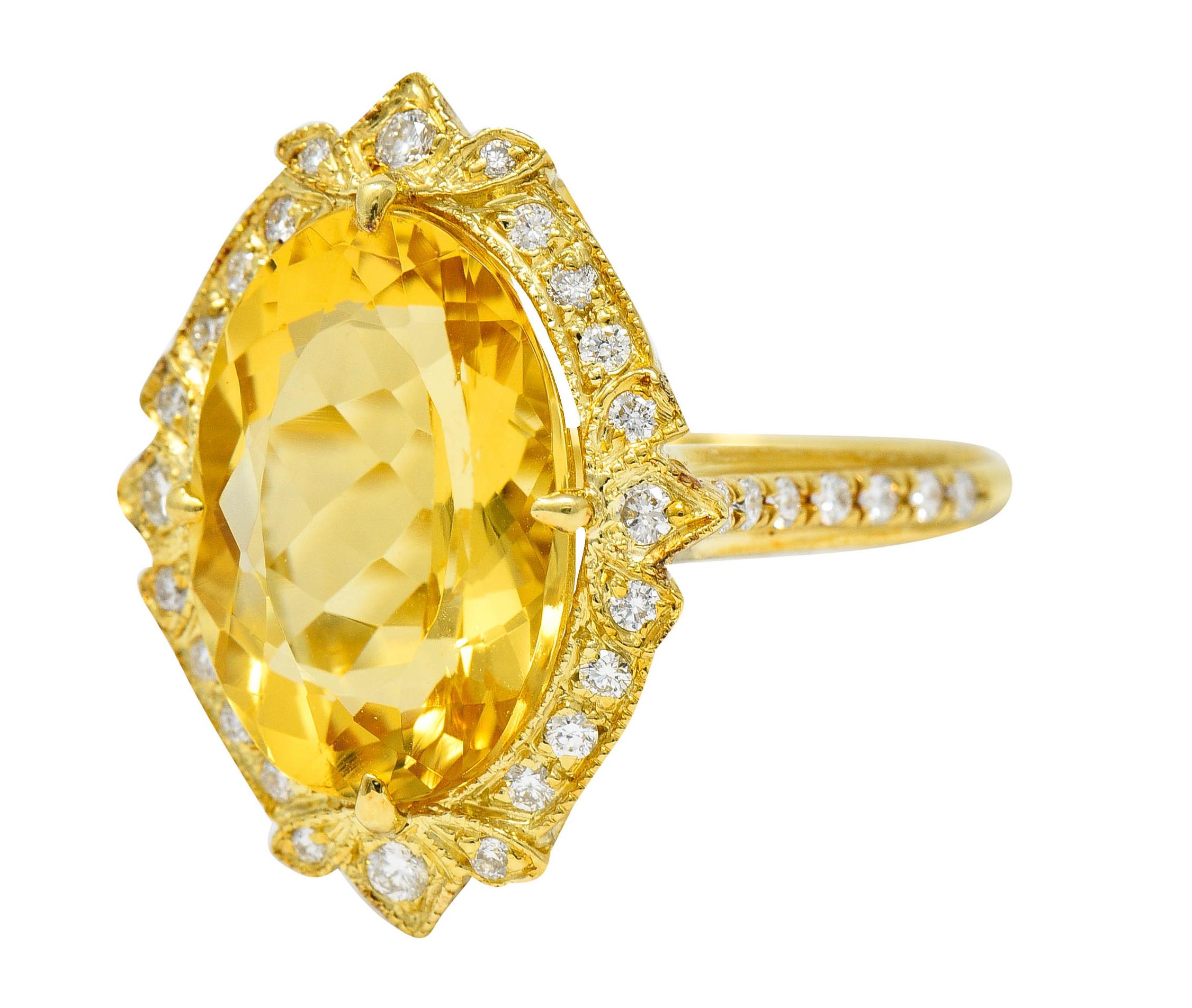 Oval Cut Bright Heliodor Golden Beryl Diamond 18 Karat Gold Cocktail Ring