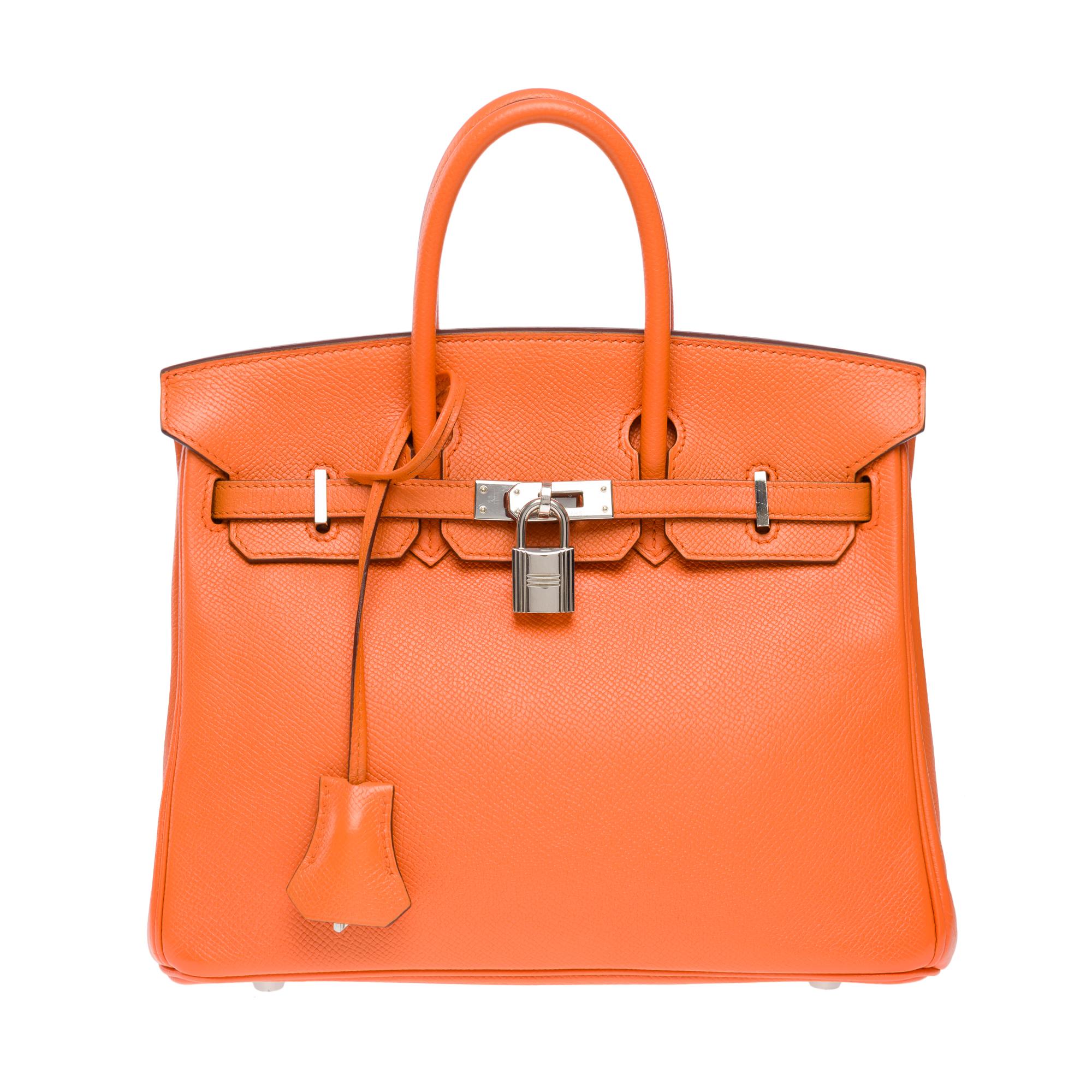 Women's Bright Hermes Birkin 25cm handbag in Orange Epsom calf leather, SHW For Sale