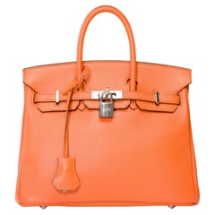 Used Bright Hermes Birkin 25cm handbag in Orange Epsom calf leather, SHW