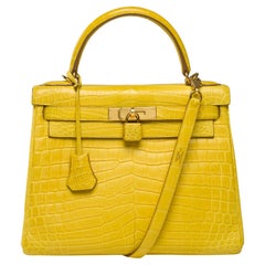 Luminoso Hermes Kelly 28 in coccodrillo Jaune Mimosa Matte, GHW