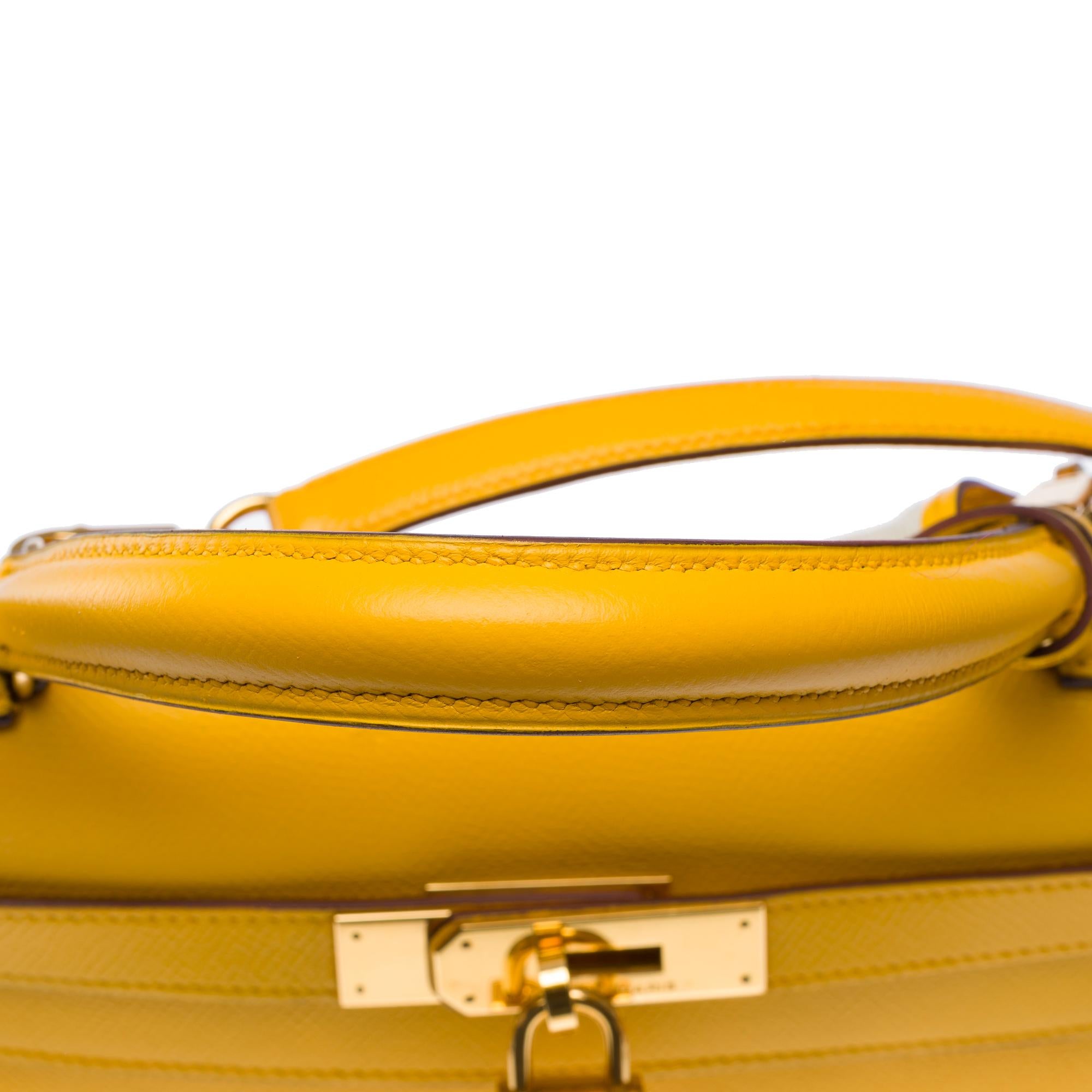 Bright Hermès Kelly 28 sellier handbag strap in Courchevel Yellow leather, GHW 6