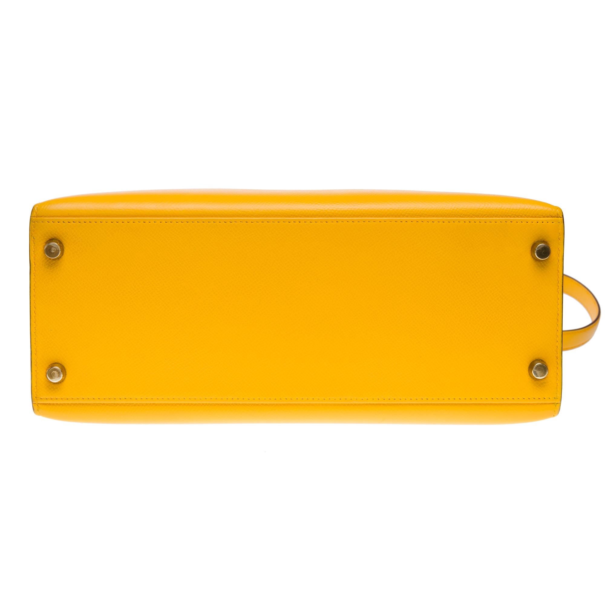 Bright Hermès Kelly 28 sellier handbag strap in Courchevel Yellow leather, GHW 7