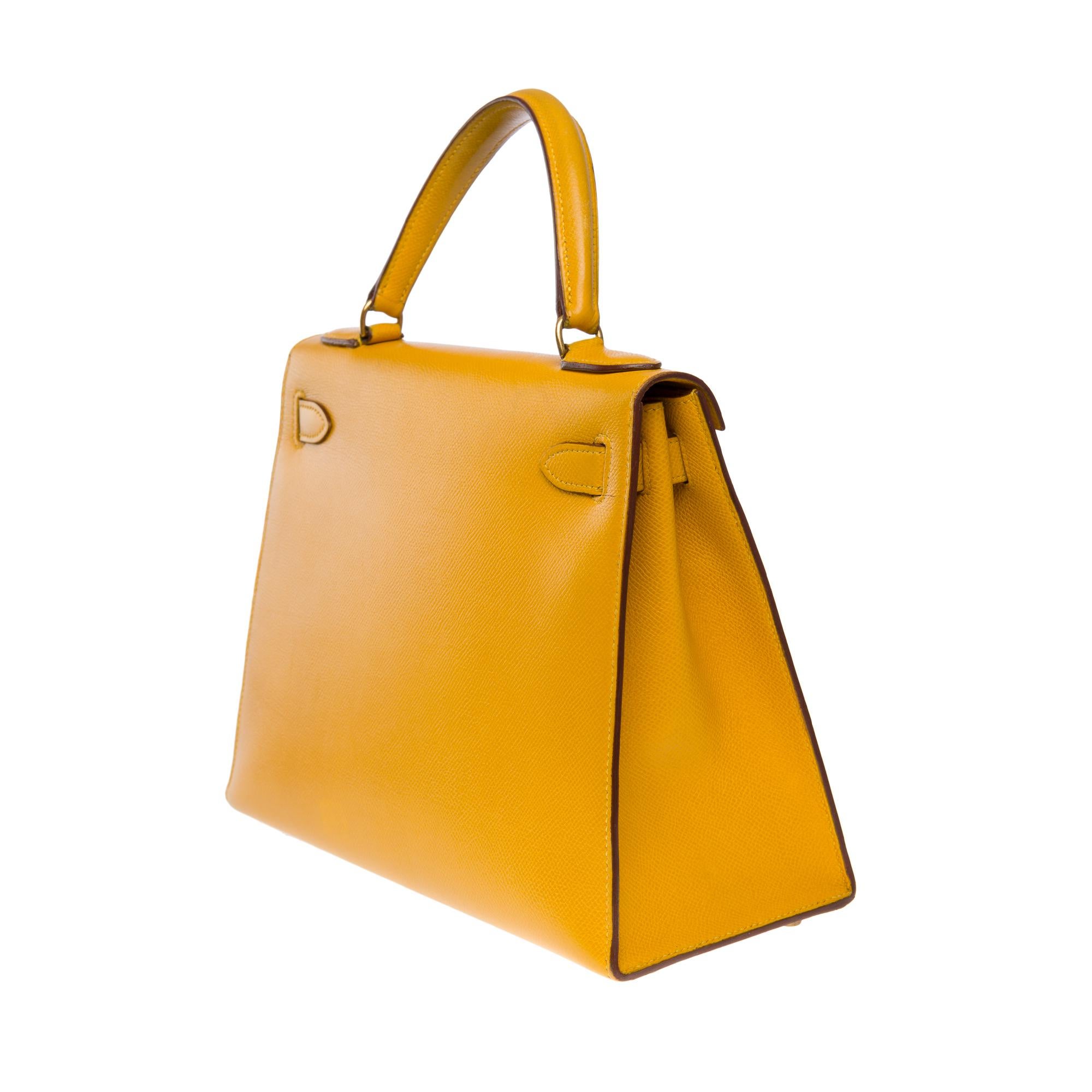 Women's Bright Hermès Kelly 28 sellier handbag strap in Courchevel Yellow leather, GHW