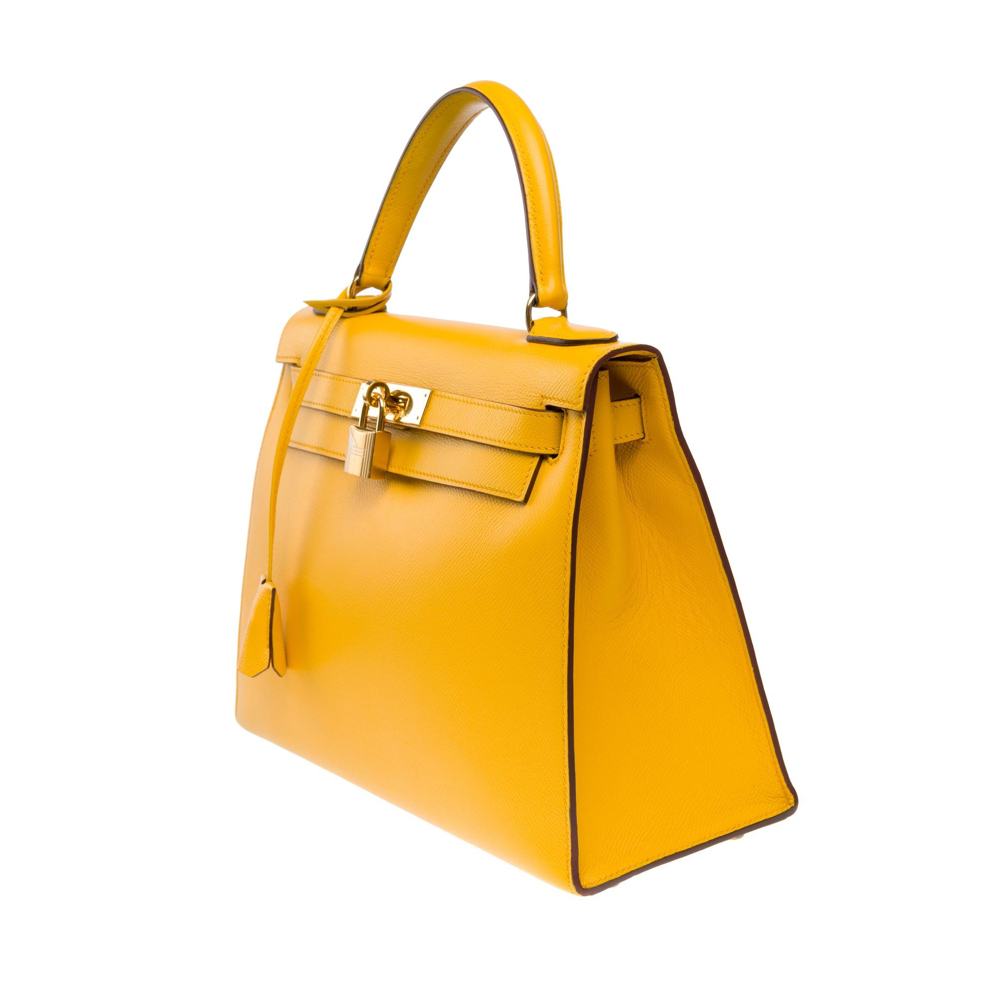 Bright Hermès Kelly 28 sellier handbag strap in Courchevel Yellow leather, GHW 1