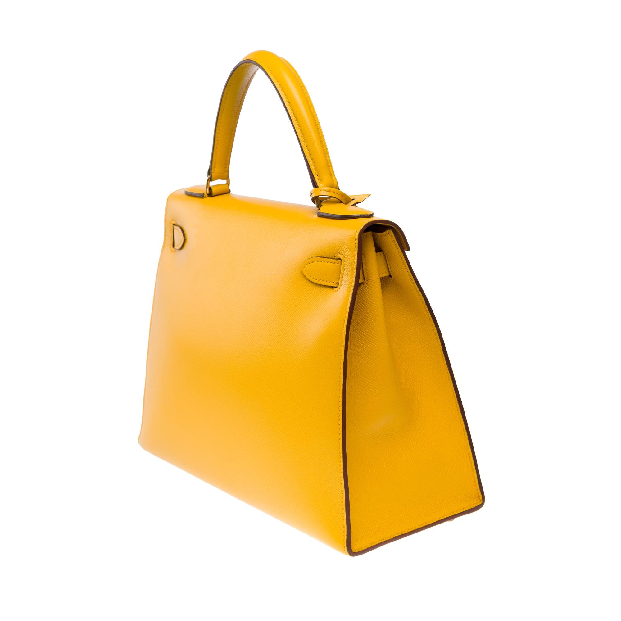 Bright Hermès Kelly 28 sellier handbag strap in Courchevel Yellow leather, GHW 2