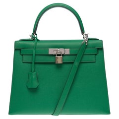 Bright Hermès Kelly 28 sellier handbag strap in Green Cactus Epsom leather, SHW
