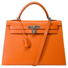 Bright Hermès Kelly 32 sellier handbag strap in Orange Epsom calf leather, SHW