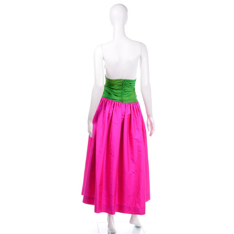 Women's Bright Hot Pink and Green Vintage 1980s Silk Maxi Evening Skirt For Sale