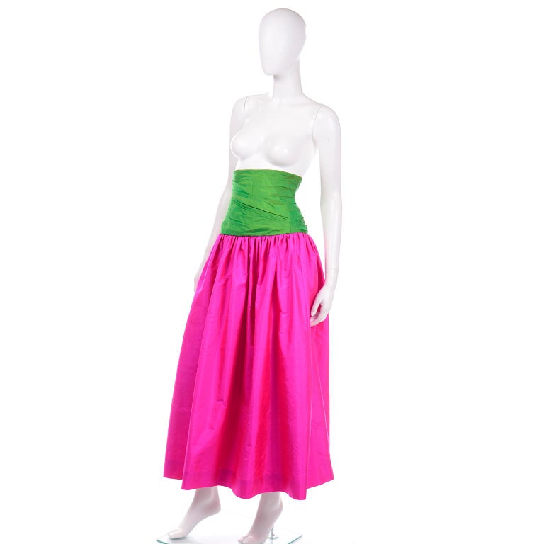 Bright Hot Pink and Green Vintage 1980s Silk Maxi Evening Skirt For Sale 1