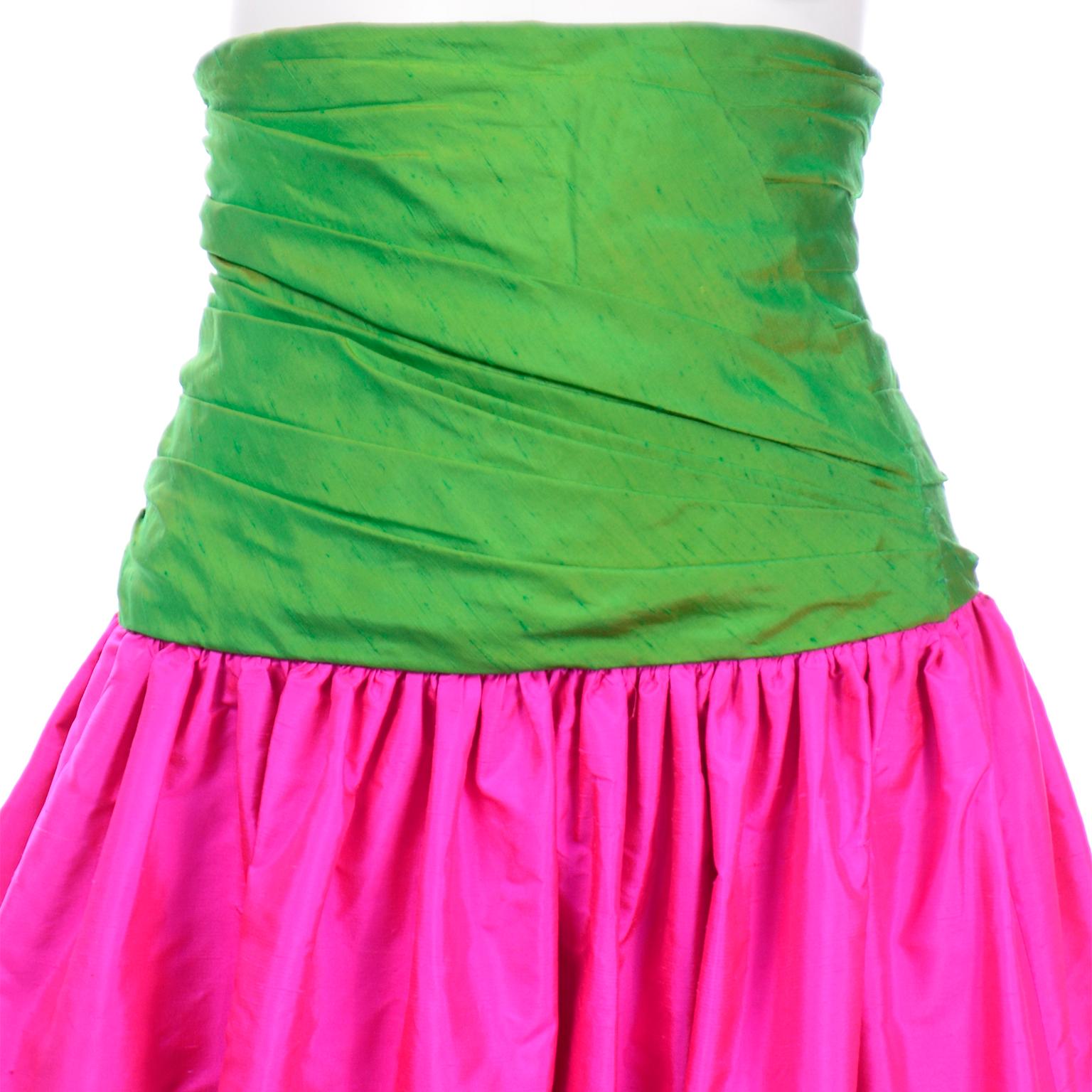 Bright Hot Pink and Green Vintage 1980s Silk Maxi Evening Skirt In Excellent Condition In Portland, OR