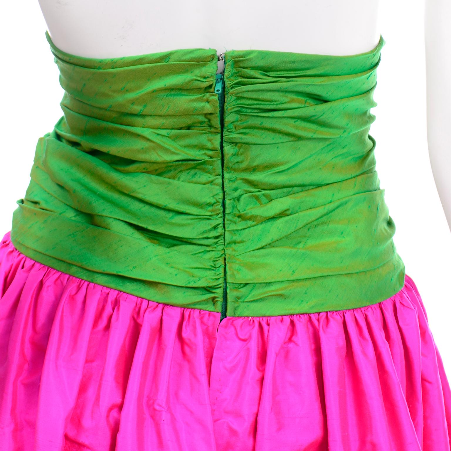 Women's Bright Hot Pink and Green Vintage 1980s Silk Maxi Evening Skirt