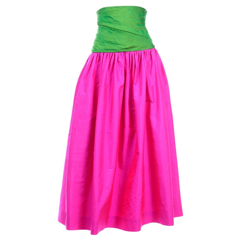 Bright Hot Pink and Green Vintage 1980s Silk Maxi Evening Skirt For Sale
