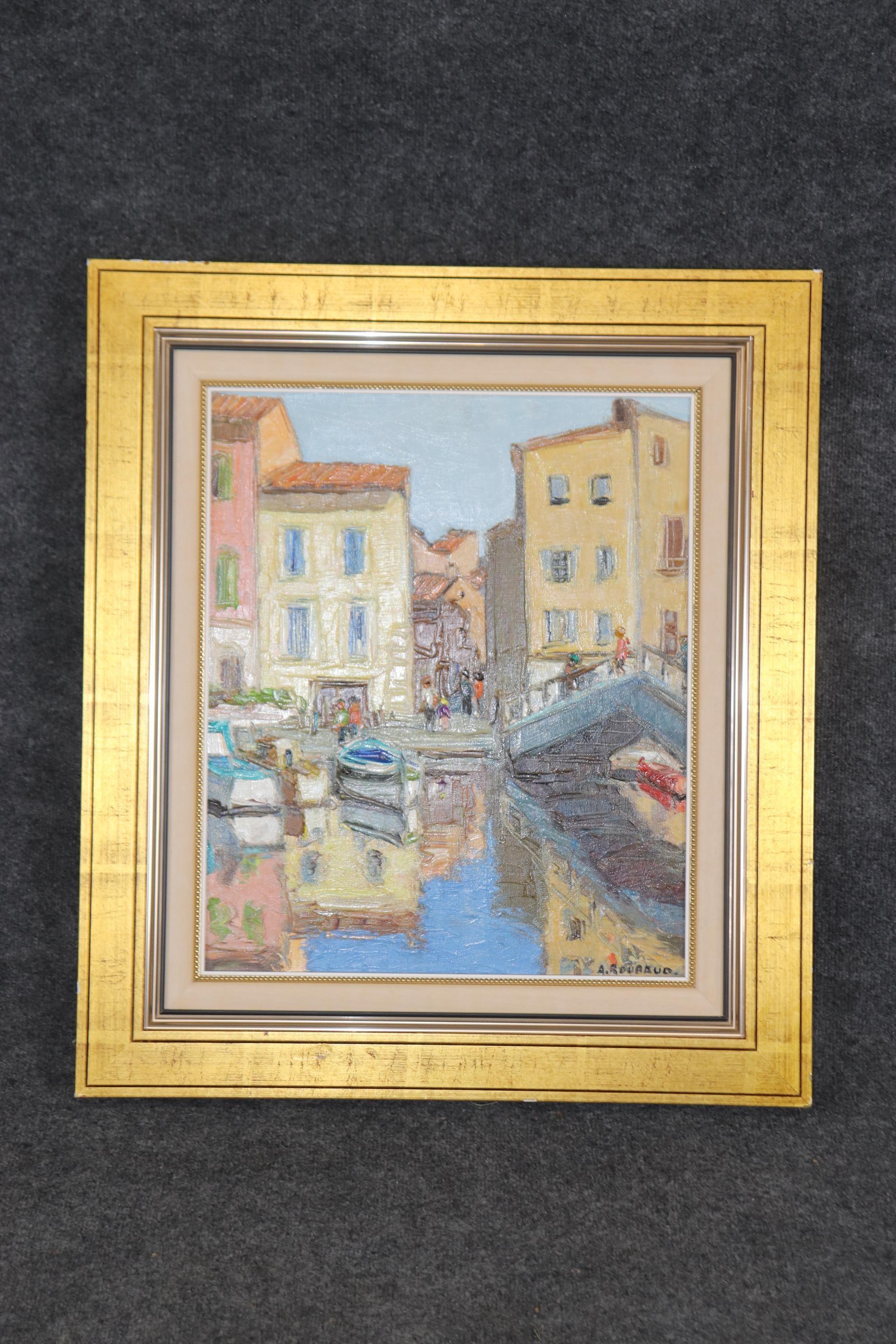 Folk Art Bright Impressionist Oil painting of French Town Signed A. Roubaud Gilded Frame For Sale