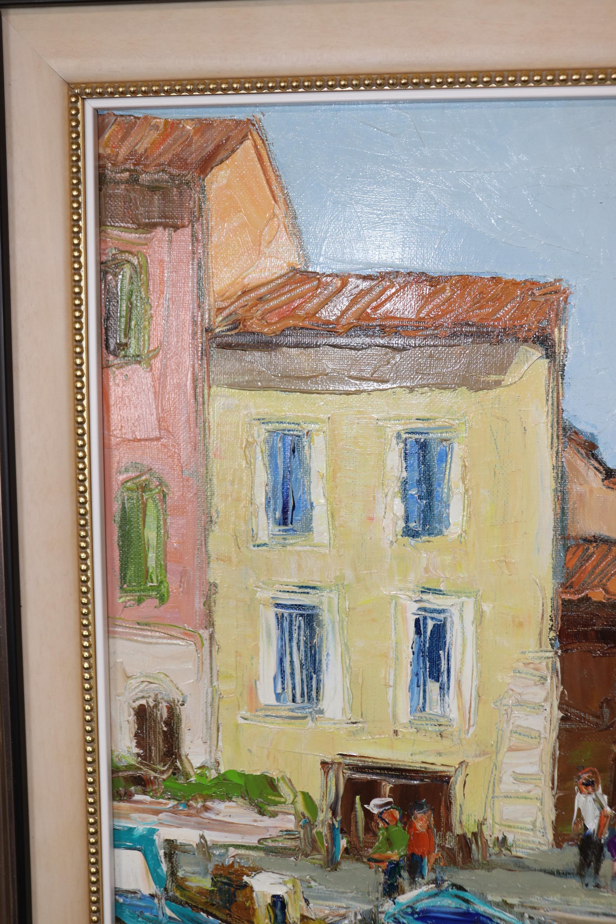Late 20th Century Bright Impressionist Oil painting of French Town Signed A. Roubaud Gilded Frame For Sale