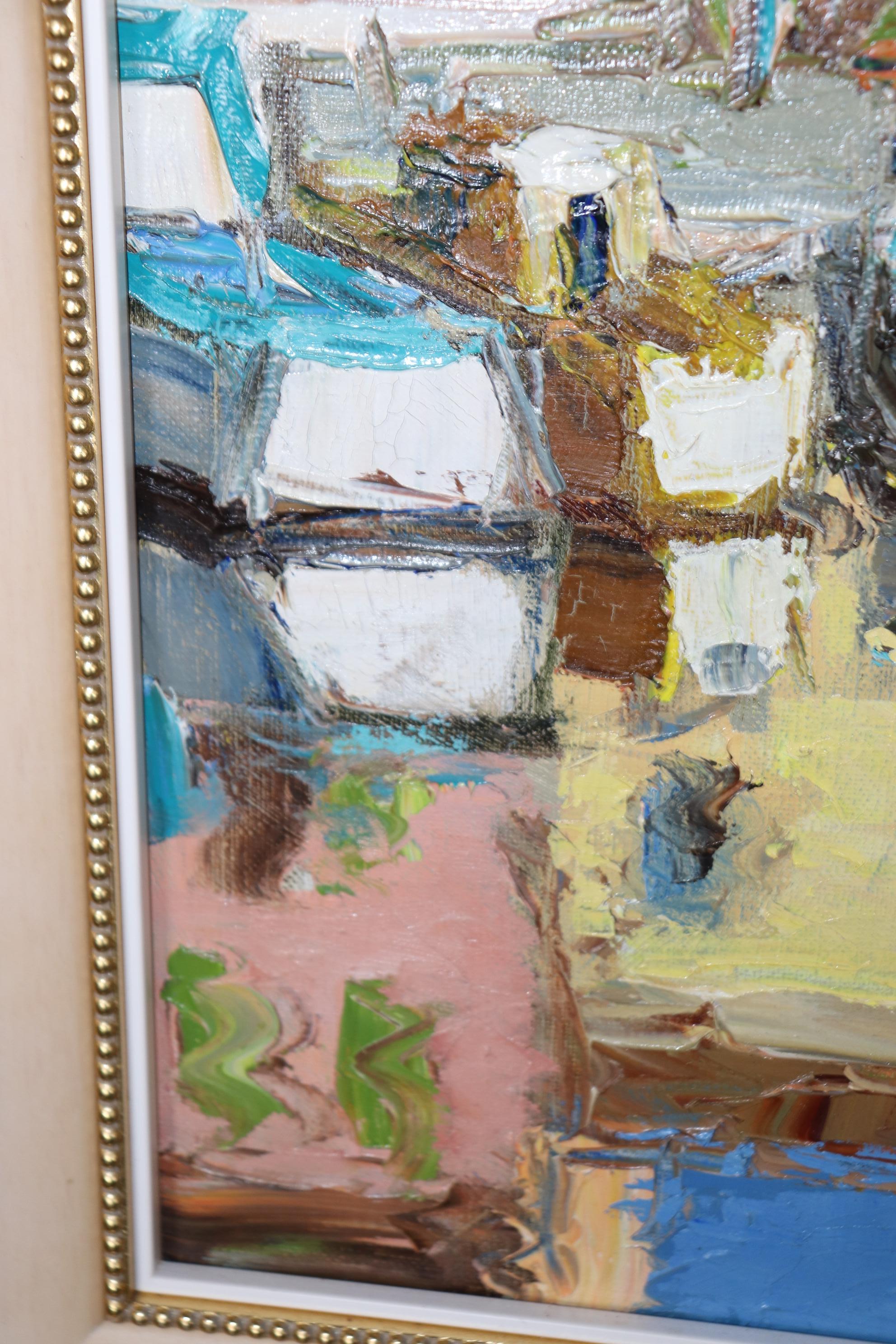Bright Impressionist Oil painting of French Town Signed A. Roubaud Gilded Frame For Sale 1