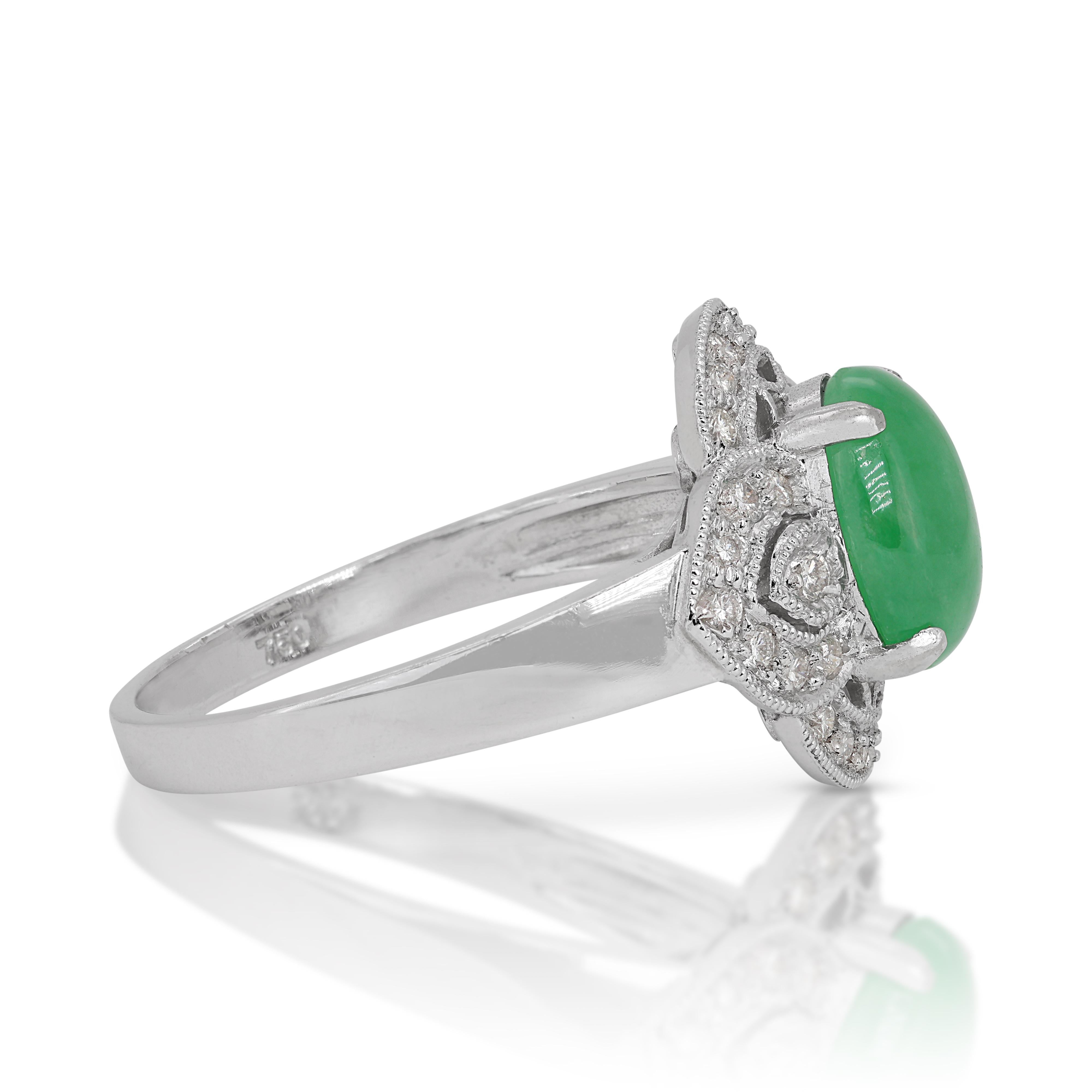 Cabochon Bright Jade and Diamond Ring set in Gleaming 18K White Gold For Sale