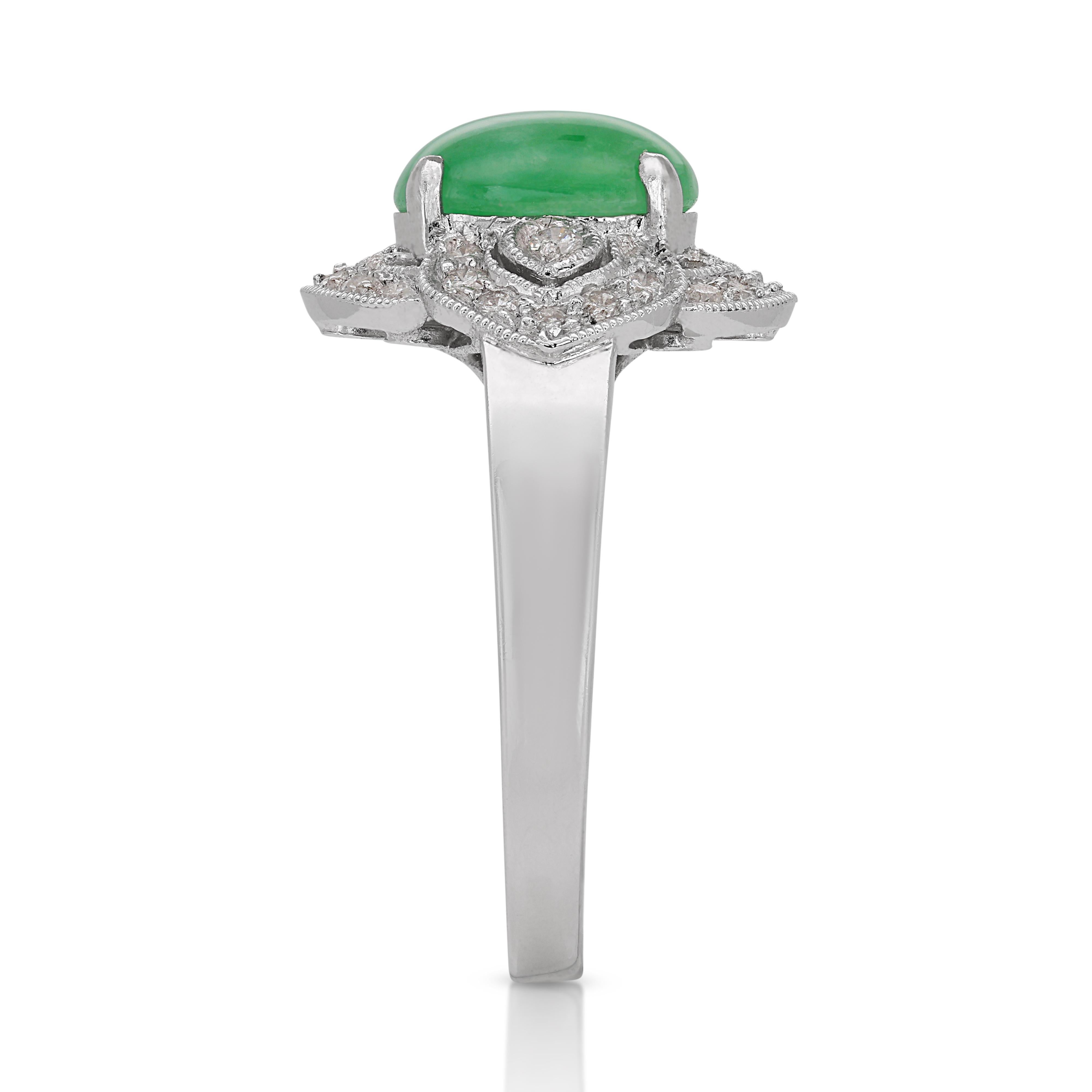 Bright Jade and Diamond Ring set in Gleaming 18K White Gold For Sale 1
