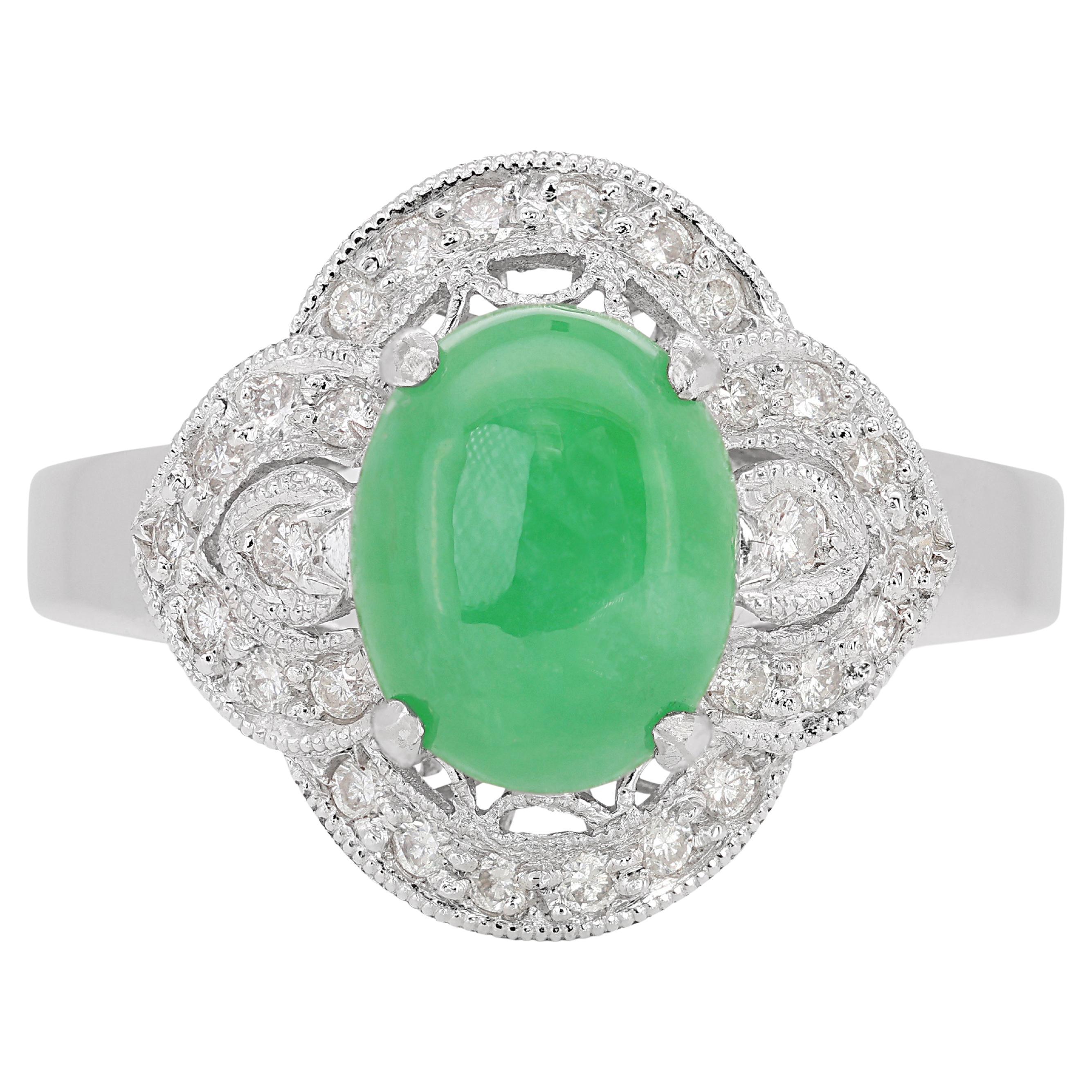 Bright Jade and Diamond Ring set in Gleaming 18K White Gold For Sale