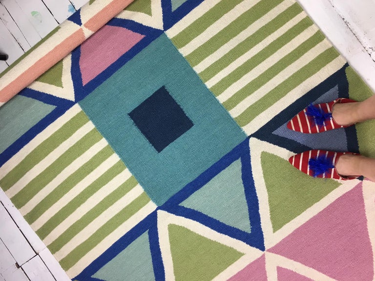 Bright Modern Dhurrie Handwoven Geometric Colorful Pink Blue Rug For