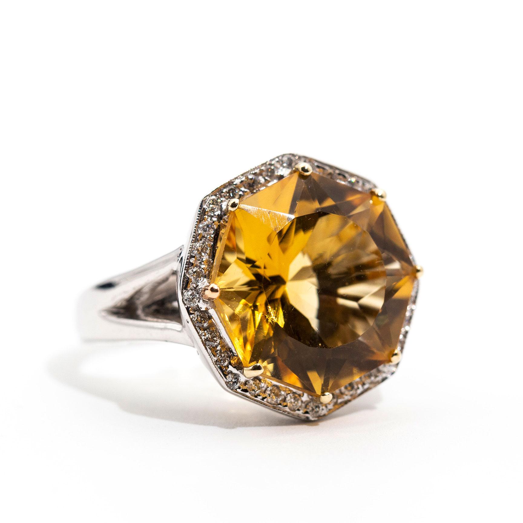 Contemporary Bright Octagonal Citrine and Diamond 18 Carat White Gold Cocktail Ring