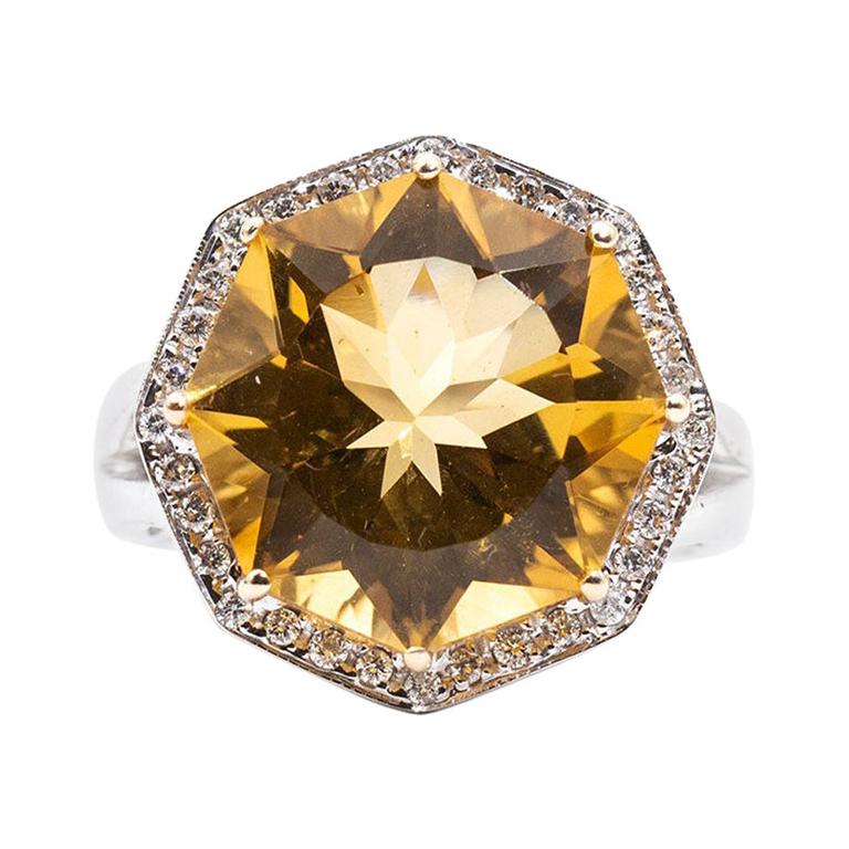 Bright Octagonal Citrine and Diamond 18 Carat White Gold Cocktail Ring