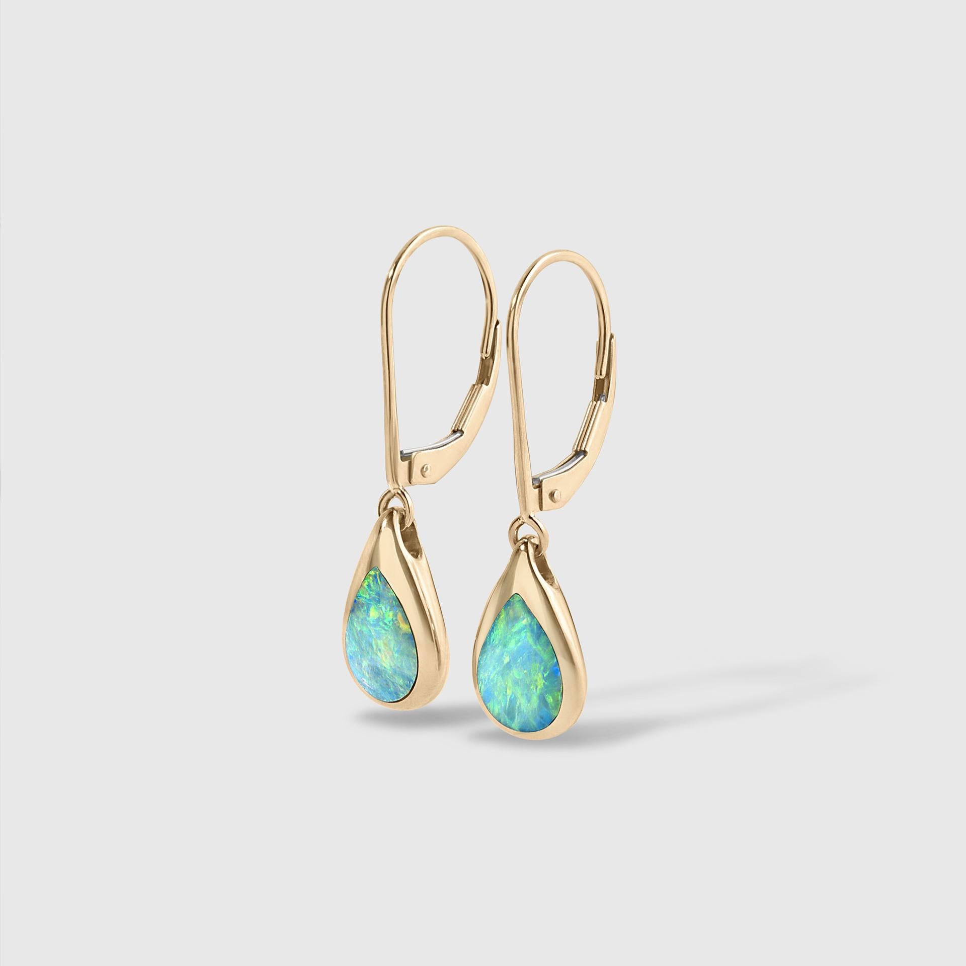 High Grade Opal Inlay, Tear-Drop, Dangle Earrings, 14kt Gold, Small, 1