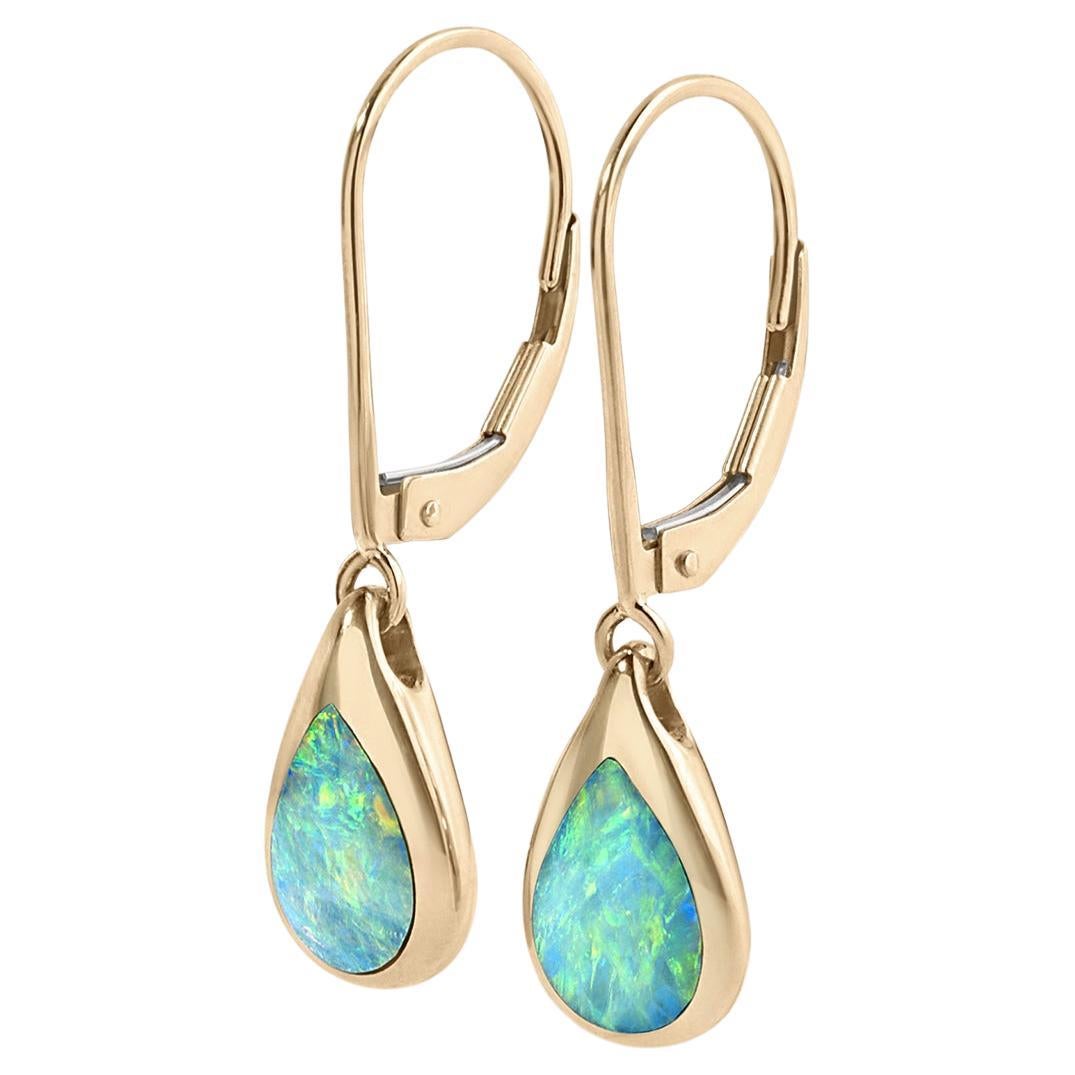 Bright, Opal 'High-Grade' Inlay, Tear-Drop, Dangle Earrings, 14kt Gold by Kabana For Sale
