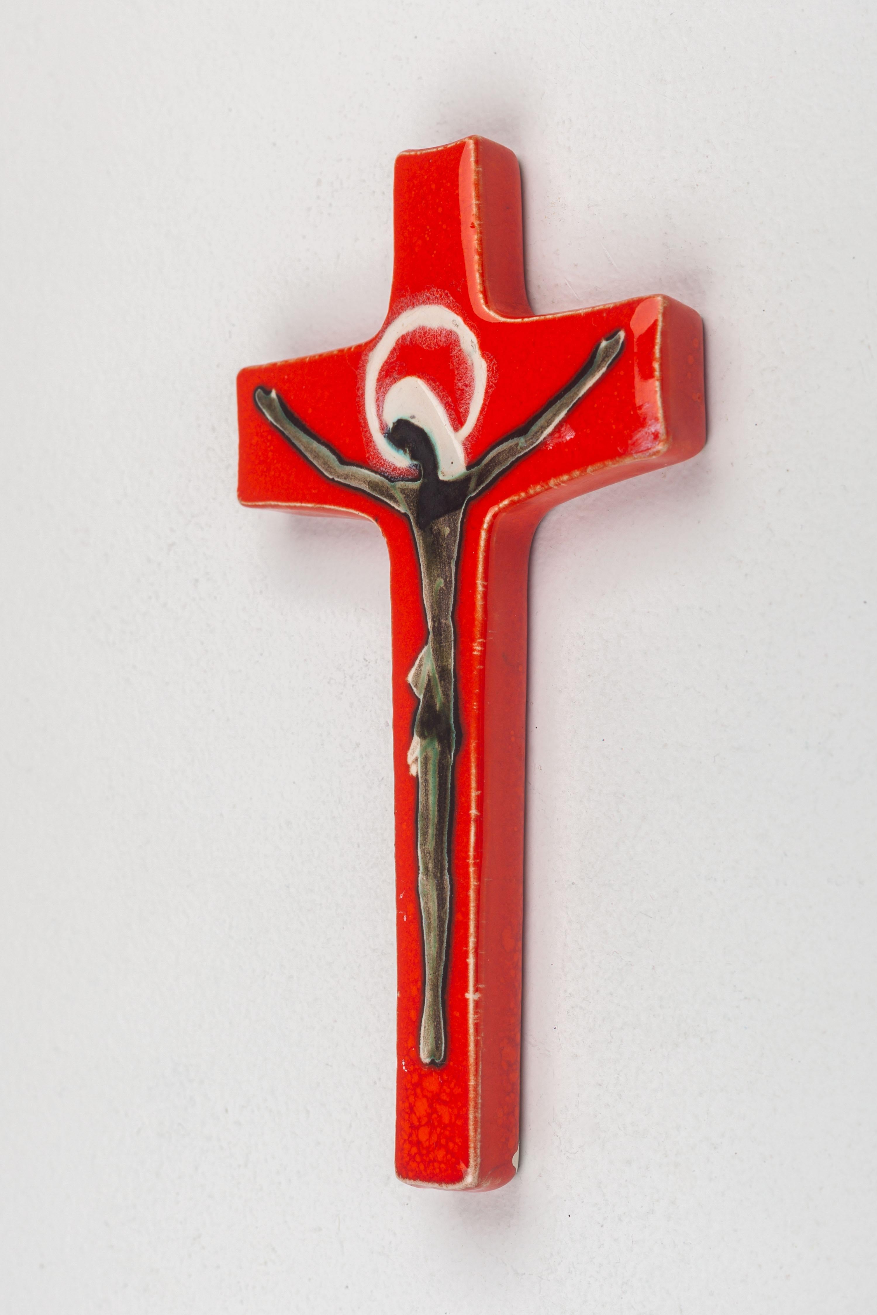 Art Deco Bright Orange Glossy Cross, Abstract Christ Figure, Modernist Religious Art For Sale