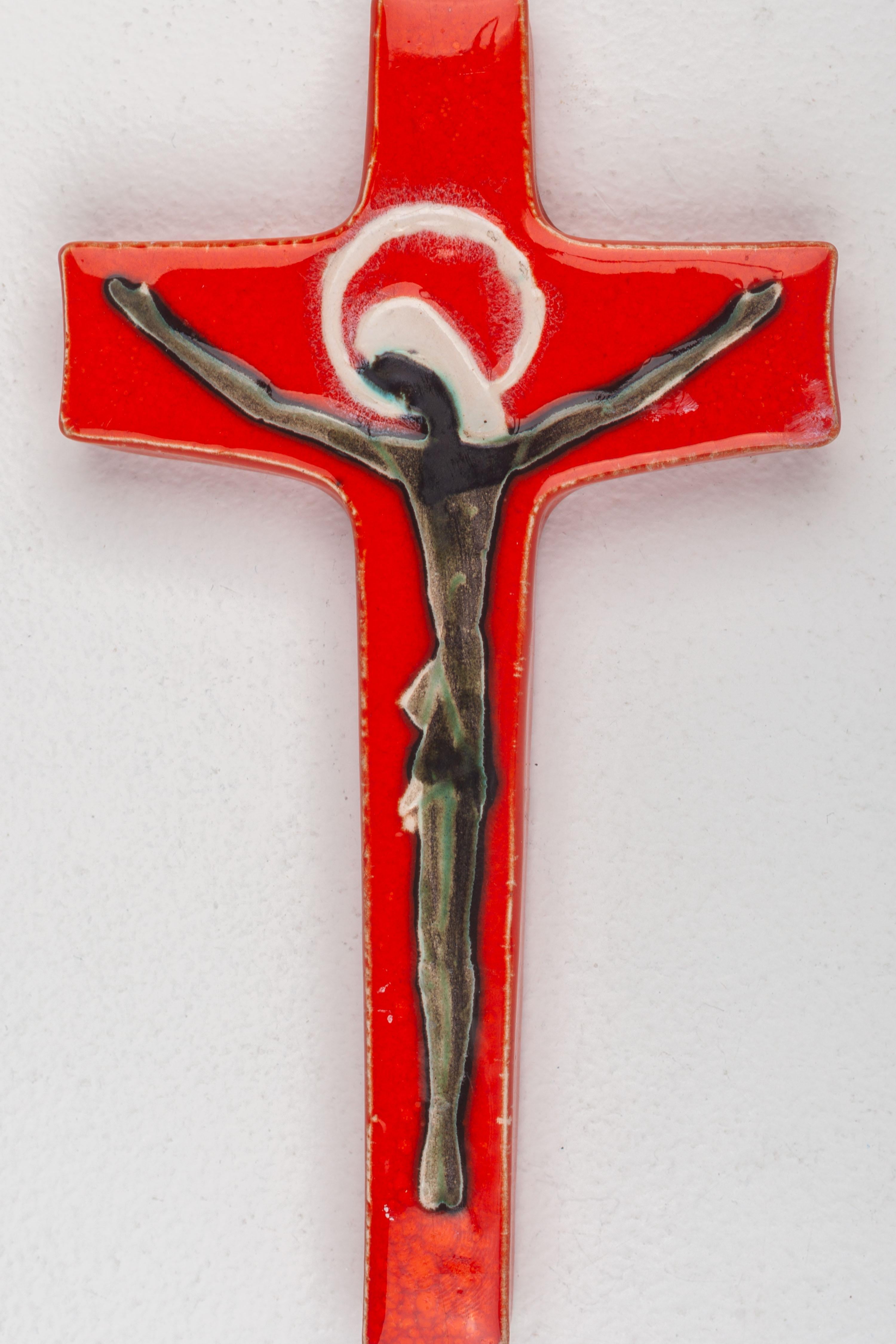 European Bright Orange Glossy Cross, Abstract Christ Figure, Modernist Religious Art For Sale