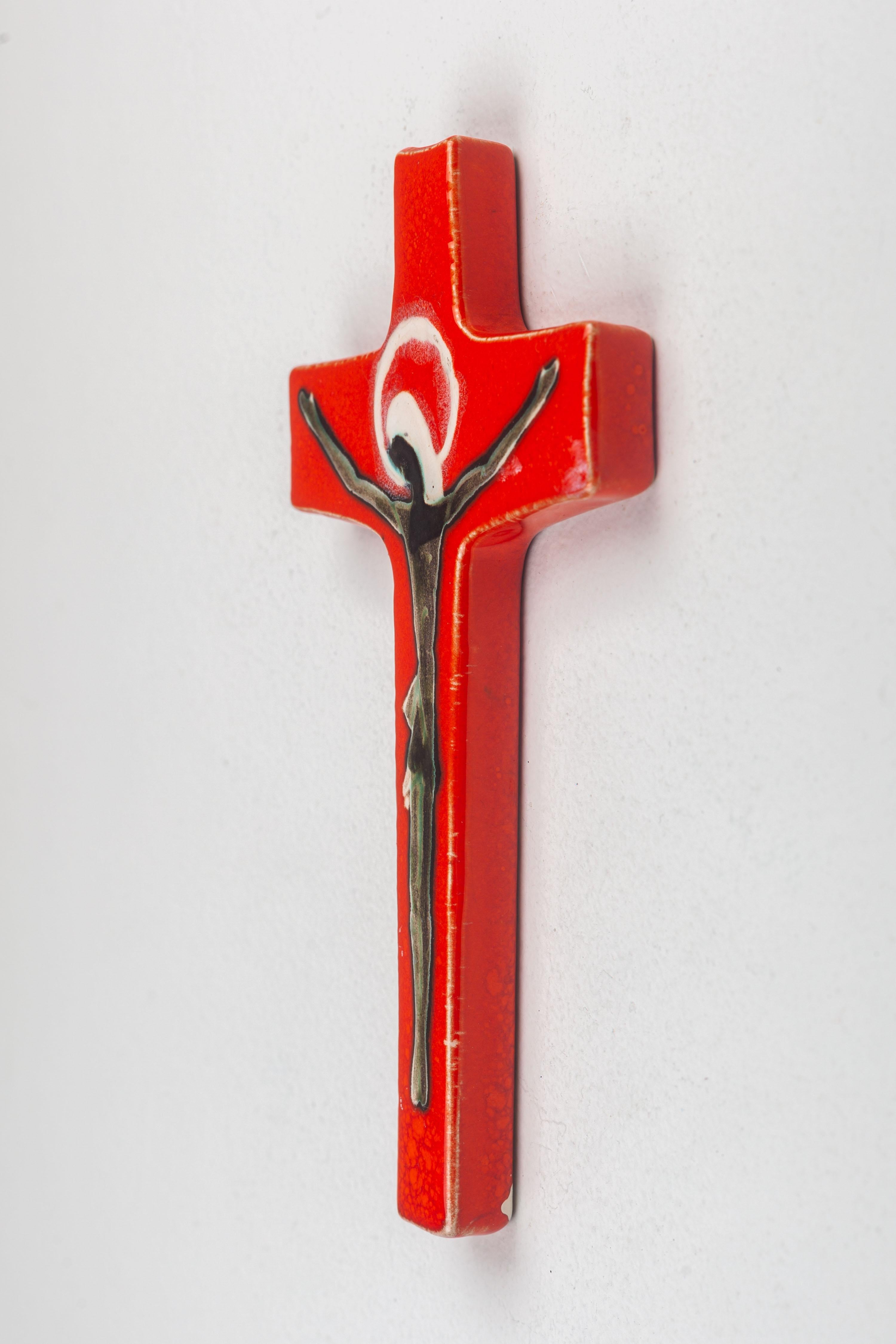 Mid-20th Century Bright Orange Glossy Cross, Abstract Christ Figure, Modernist Religious Art For Sale