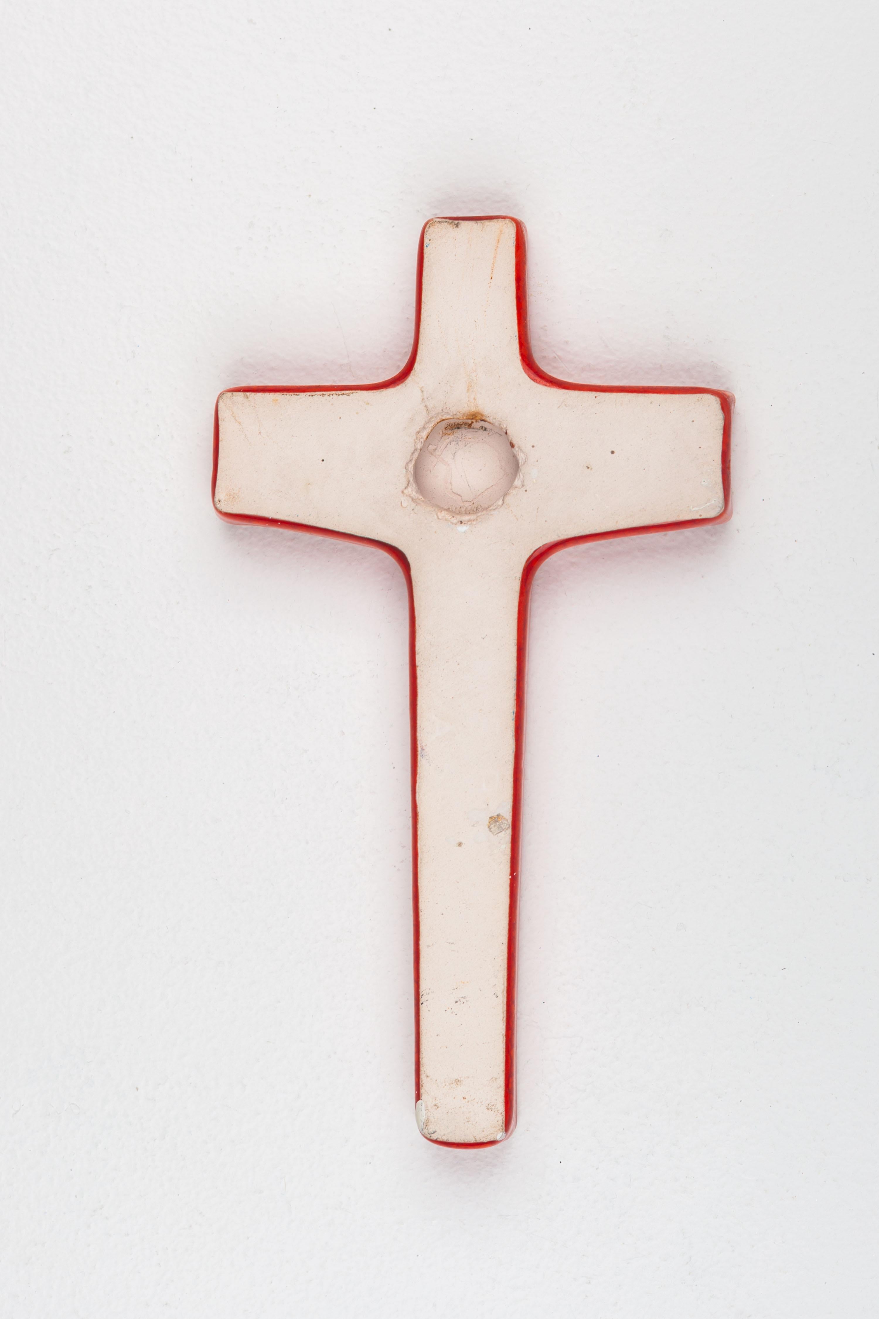 Ceramic Bright Orange Glossy Cross, Abstract Christ Figure, Modernist Religious Art For Sale