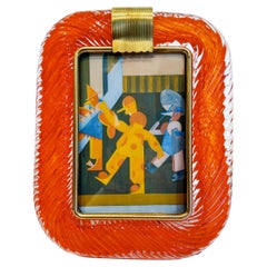Bright Orange Murano Glass Picture Frame with Brass Details