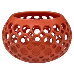 Bright Orange Pierced Wide Teardrop Shaped Tabletop Sculpture or Candleholder