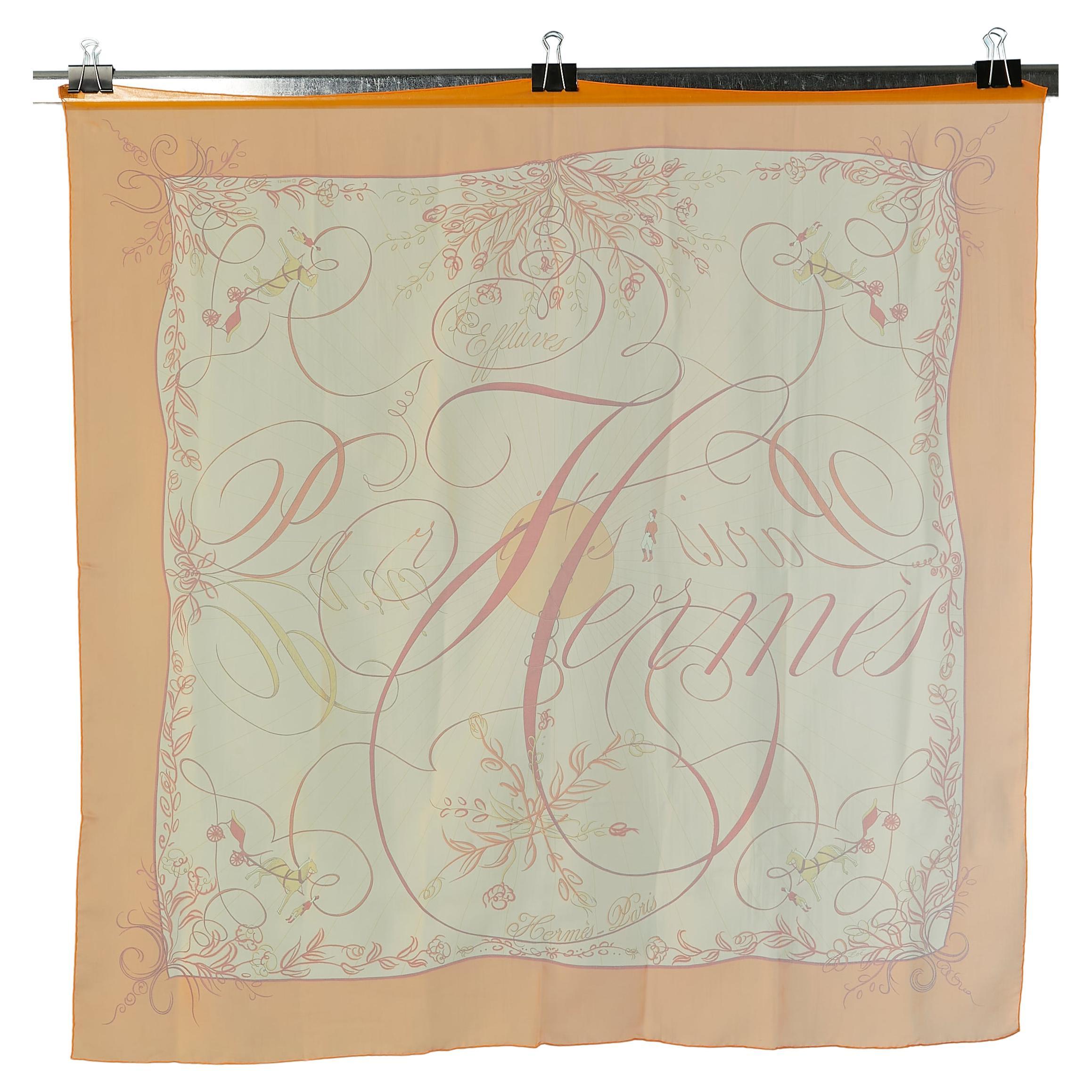 Bright orange silk chiffon printed scarf "Effluves" Hermès For Sale
