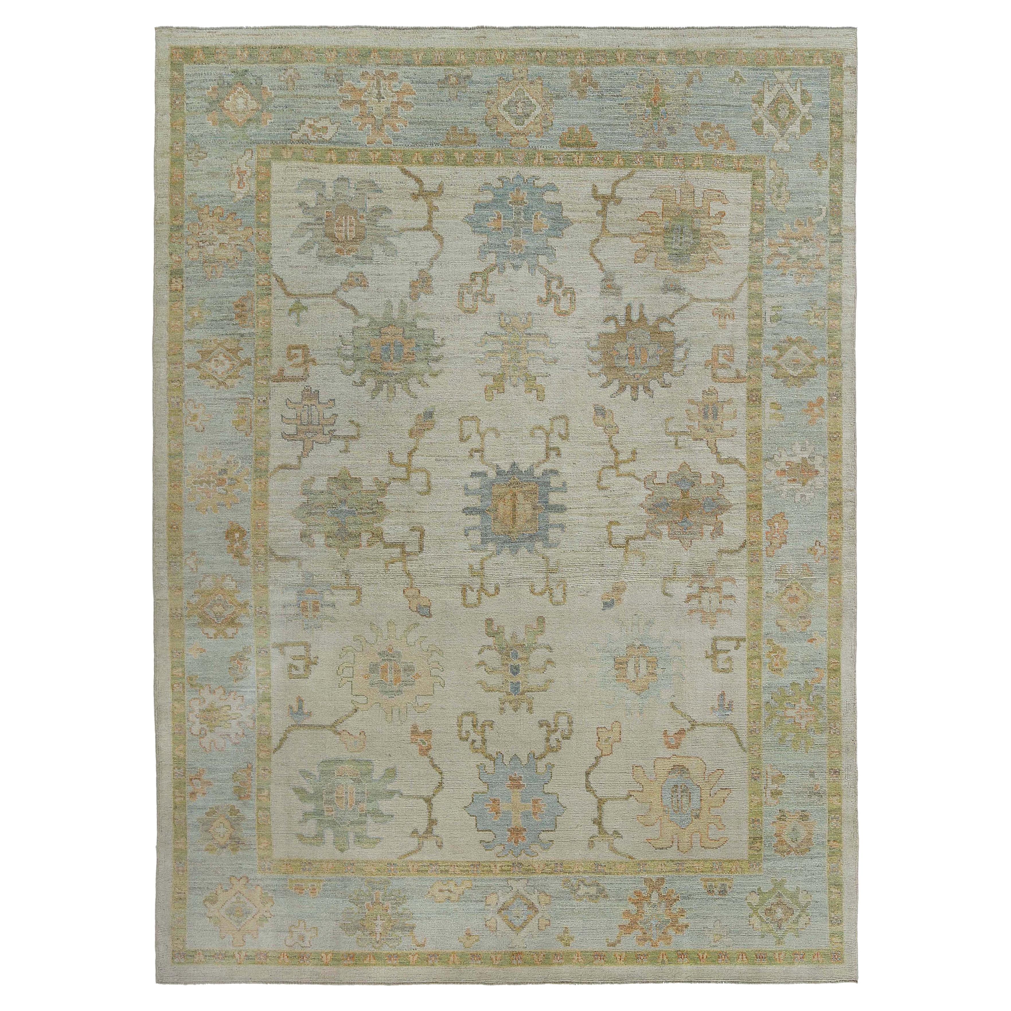 Afghanistan Oushak Area Rugs Circa 1990 - Wool Blue Ivory Design - 95471 For Sale