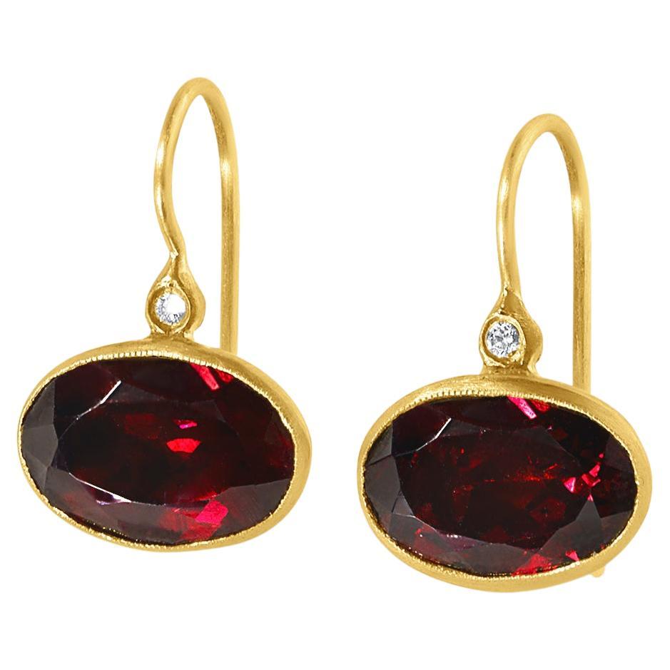 Bright, Oval Garnet 10.25ct Earrings with Diamond Detail, in 24kt Gold