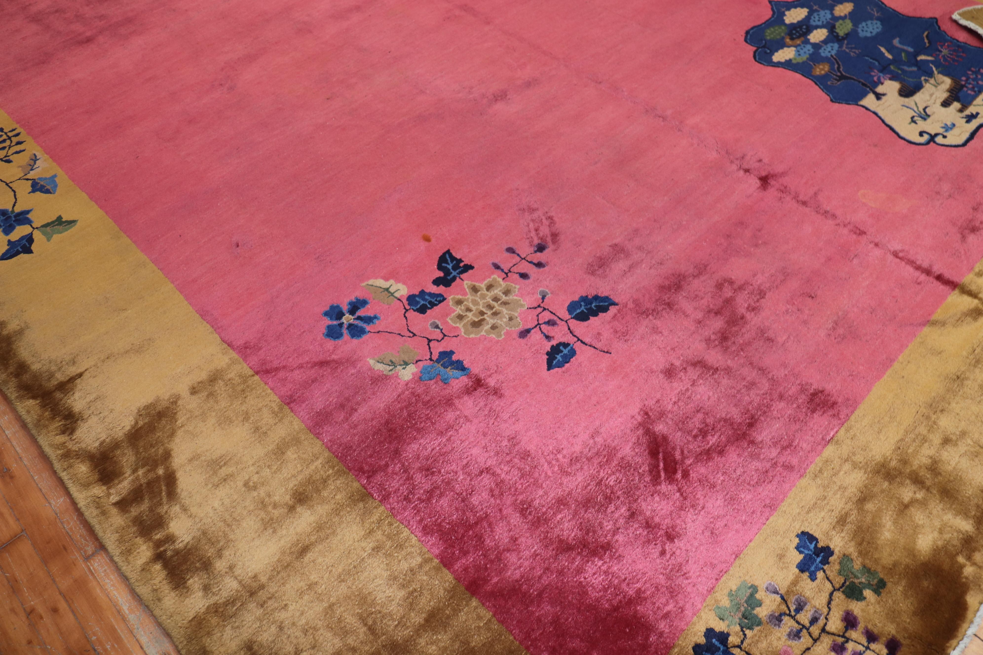 Wool Bright Pink Art Deco Chinese Room Size Rug, 20th Century For Sale