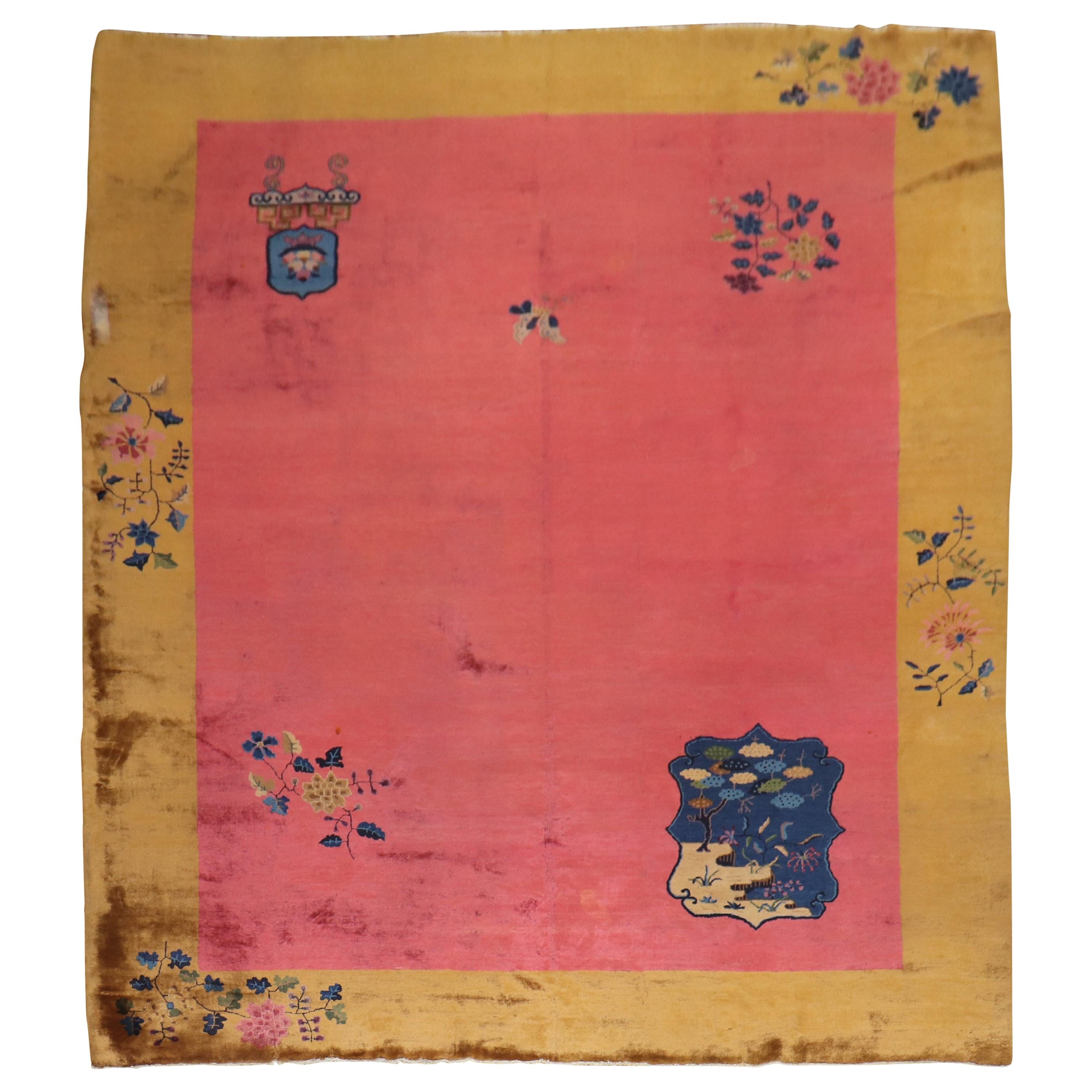 Bright Pink Art Deco Chinese Room Size Rug, 20th Century