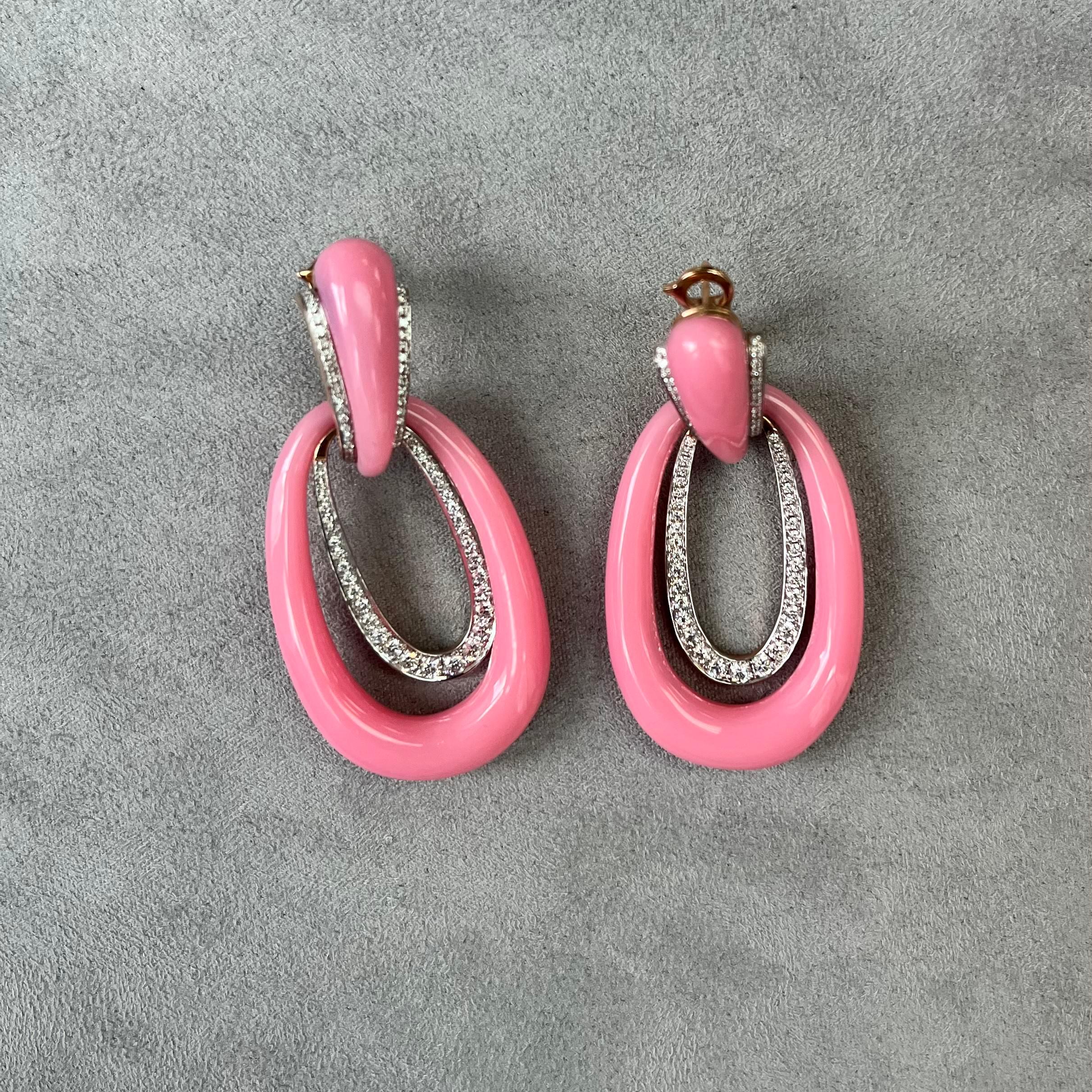 Bright Pink Candy Color Imitation Earrings with 18K Gold and  Natural  Diamonds.

18K Rose Gold 11.24 GM
146RD-1.20 CT

Looking for a statement piece to add to your jewelry collection? Look no further than our 18K gold and diamond earrings in a
