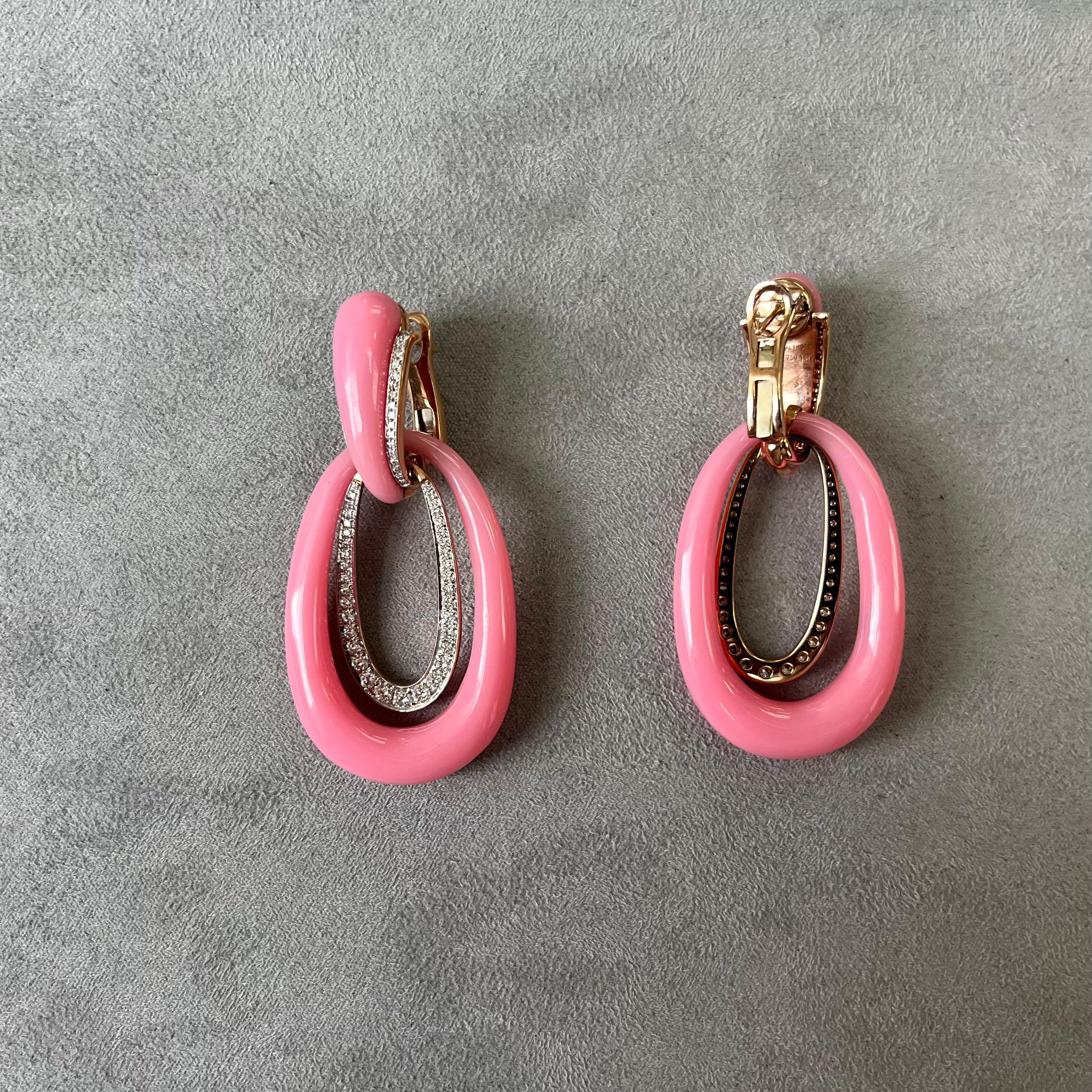 Modern Bright Pink Candy Color Imitation Earrings with 18K Gold and  Natural  Diamonds For Sale